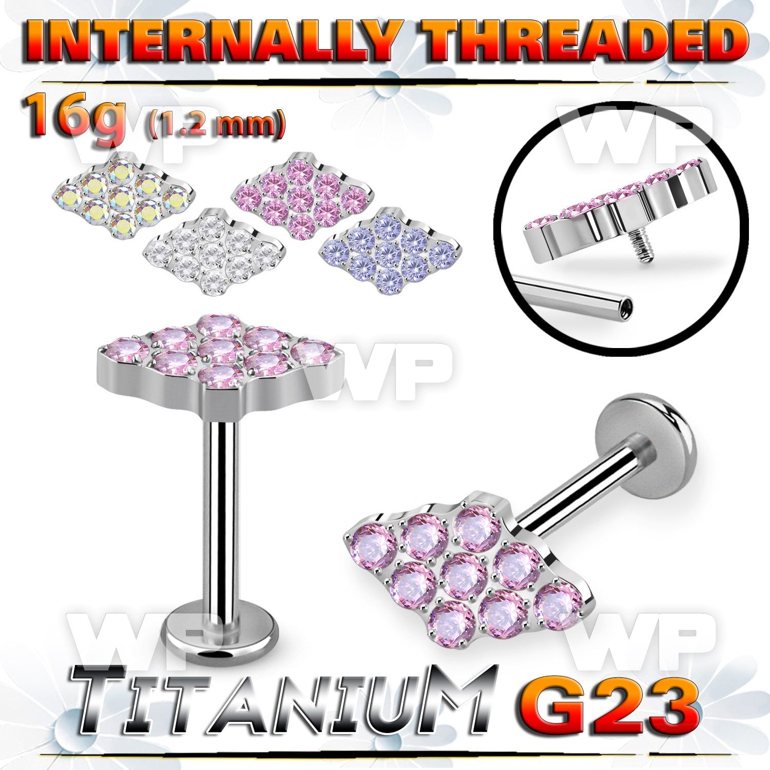 hb48uks titanium labret stud cz diamond shape cnc internal