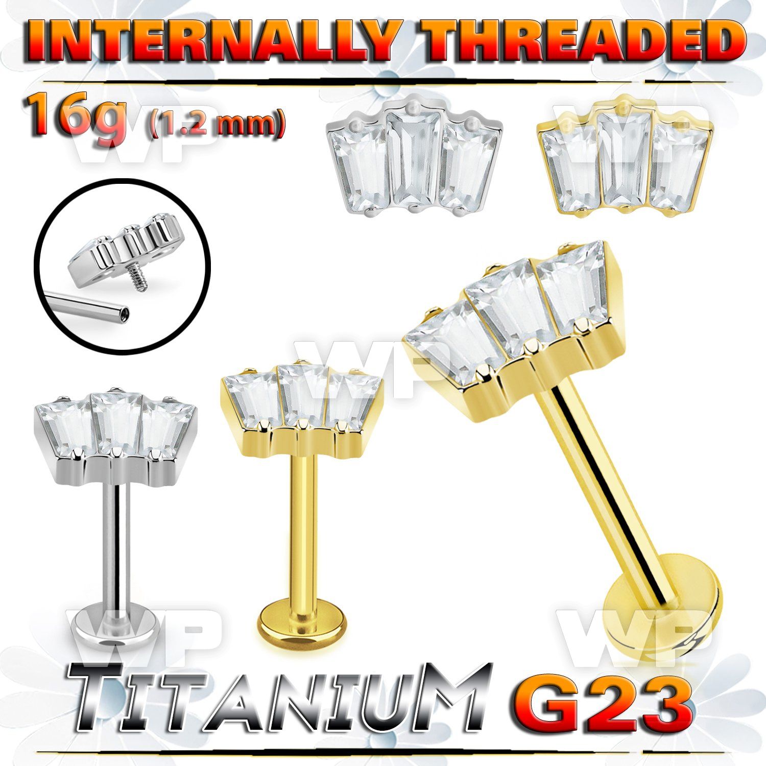 hb48uky titanium labret stud 16g three baguette cz internal