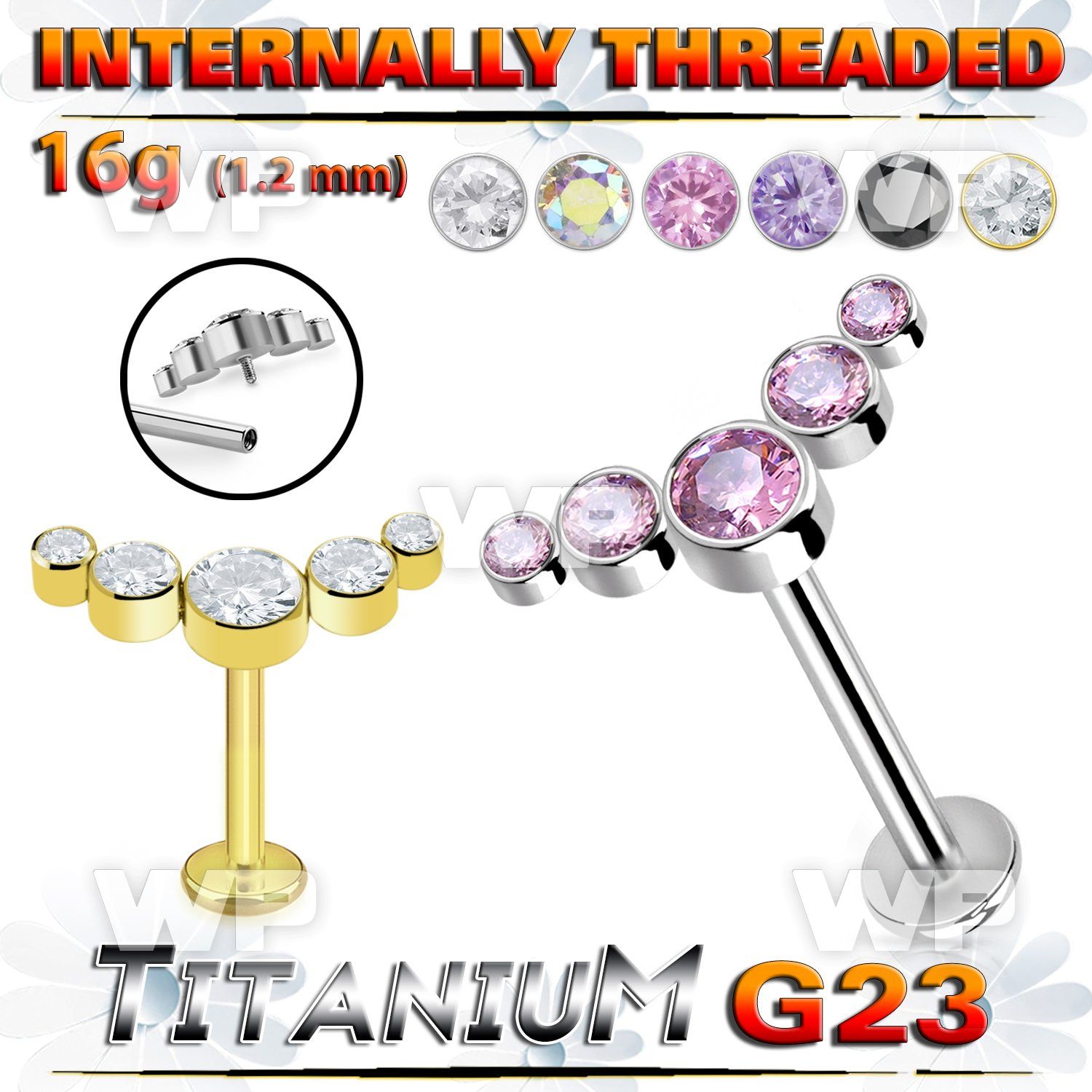 hb48ut titanium internal threaded labret 5 color cz