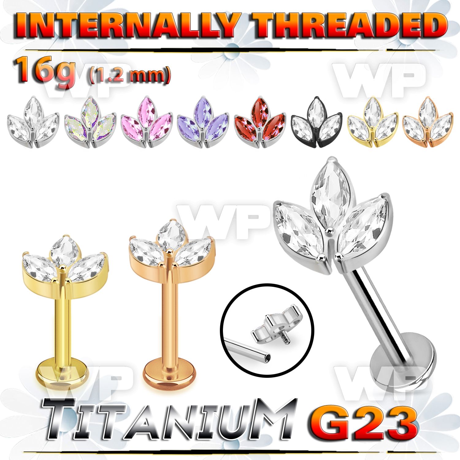 hb48uzp titanium labret stud leaf top marquise cz internal