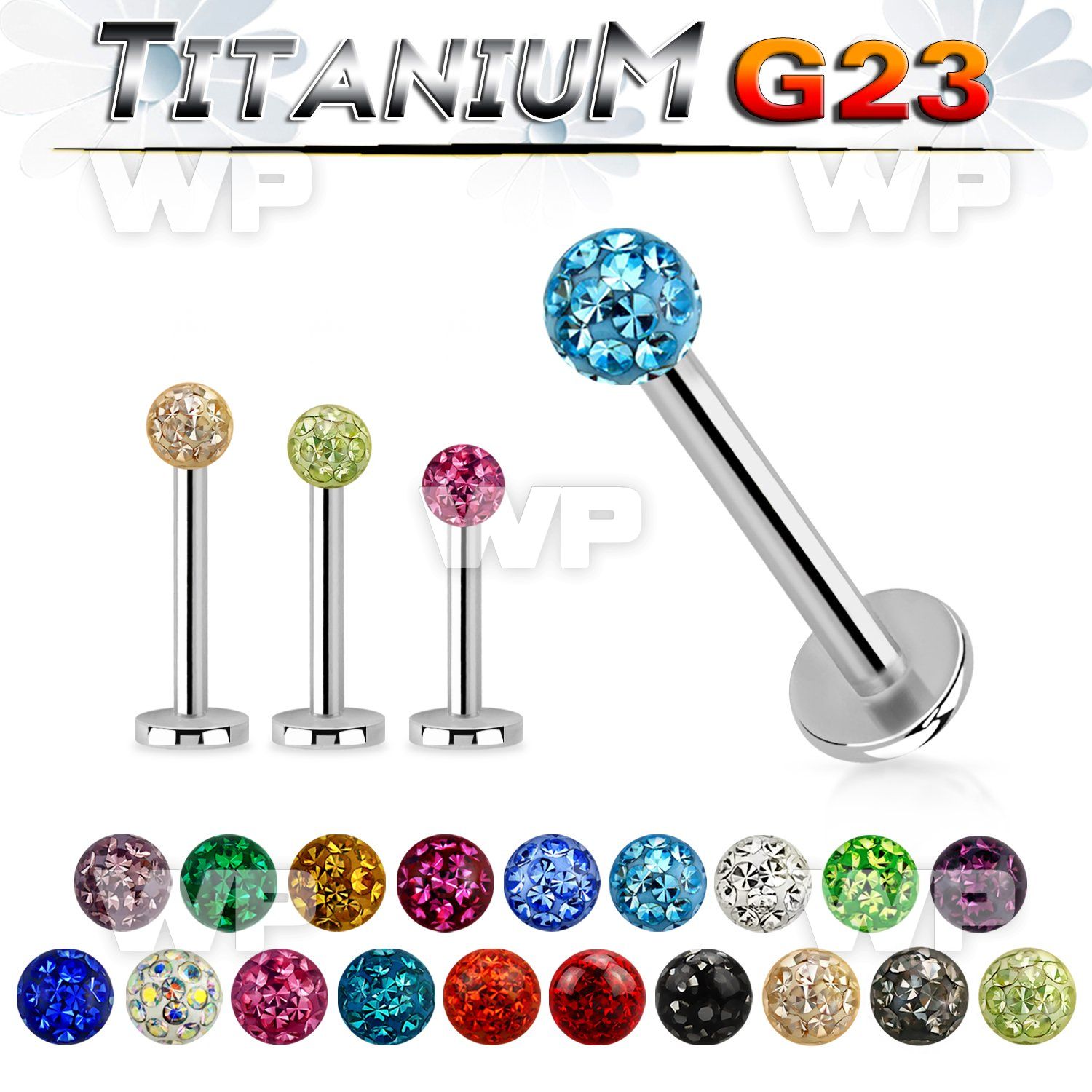 hb4daz titanium labret stud 3mm multi crystal ball