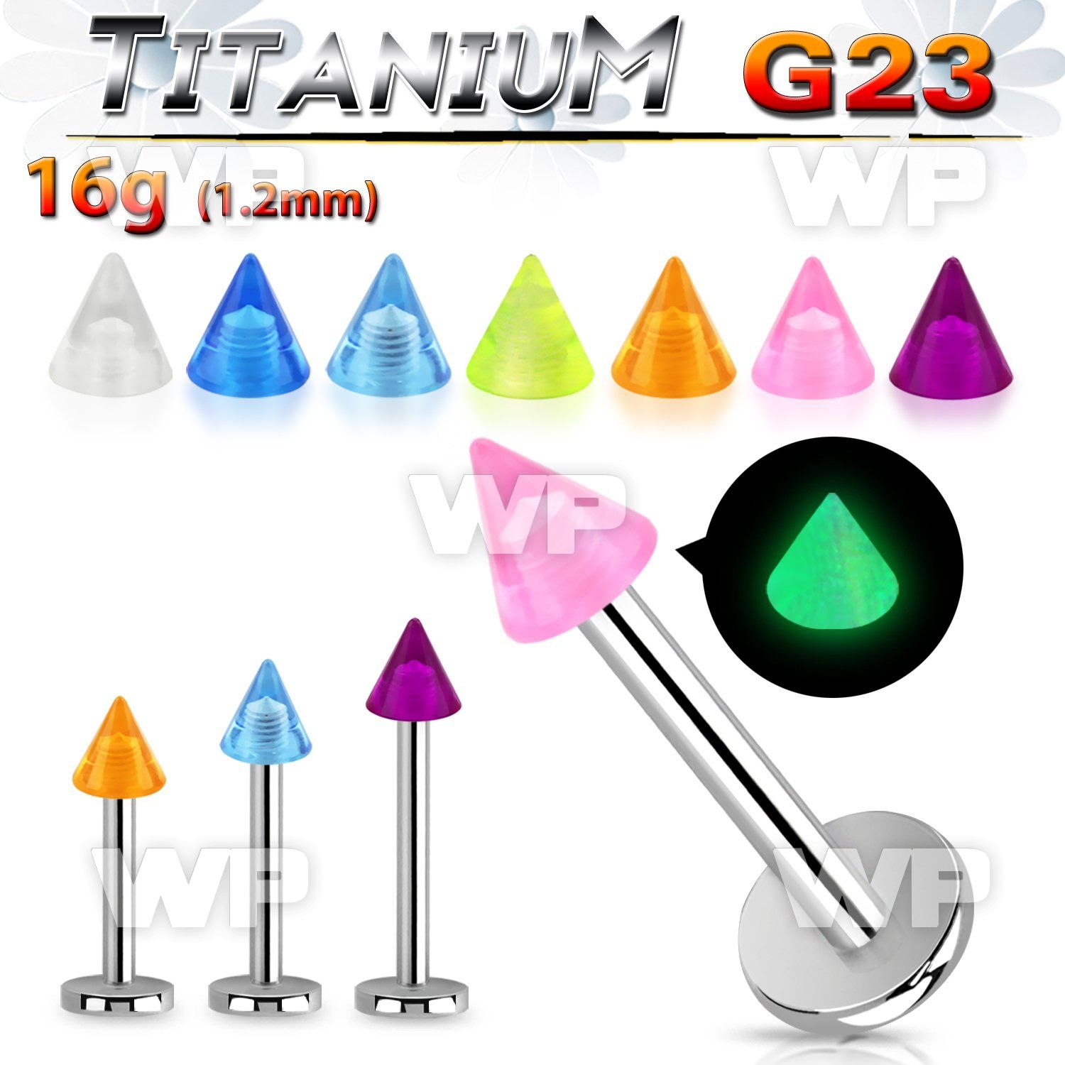 hbibuz g23 titanium labret 1 2mm 3mm glow in the dark cone lower lip piercing