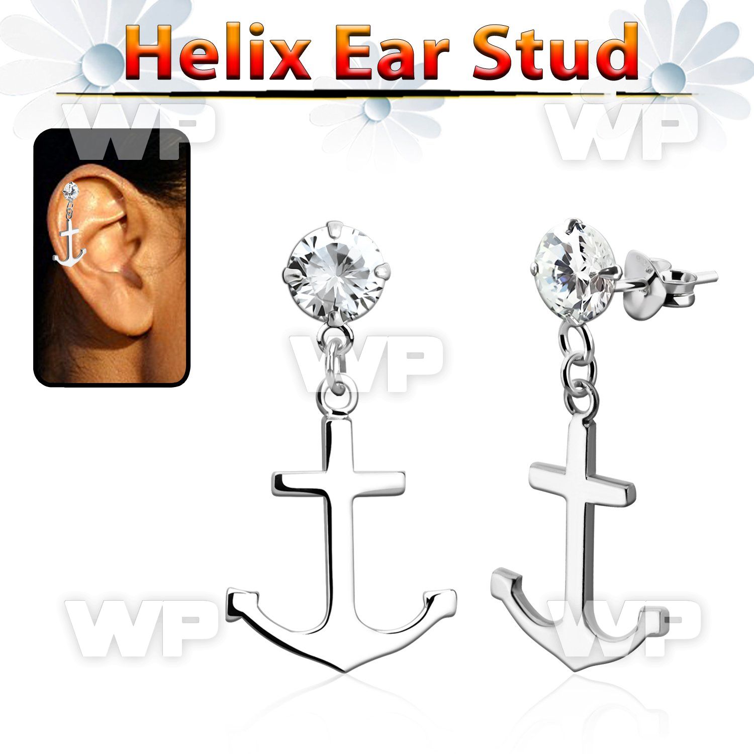 hexzd22 925 silver helix earstud w cz a plain anchor dangling