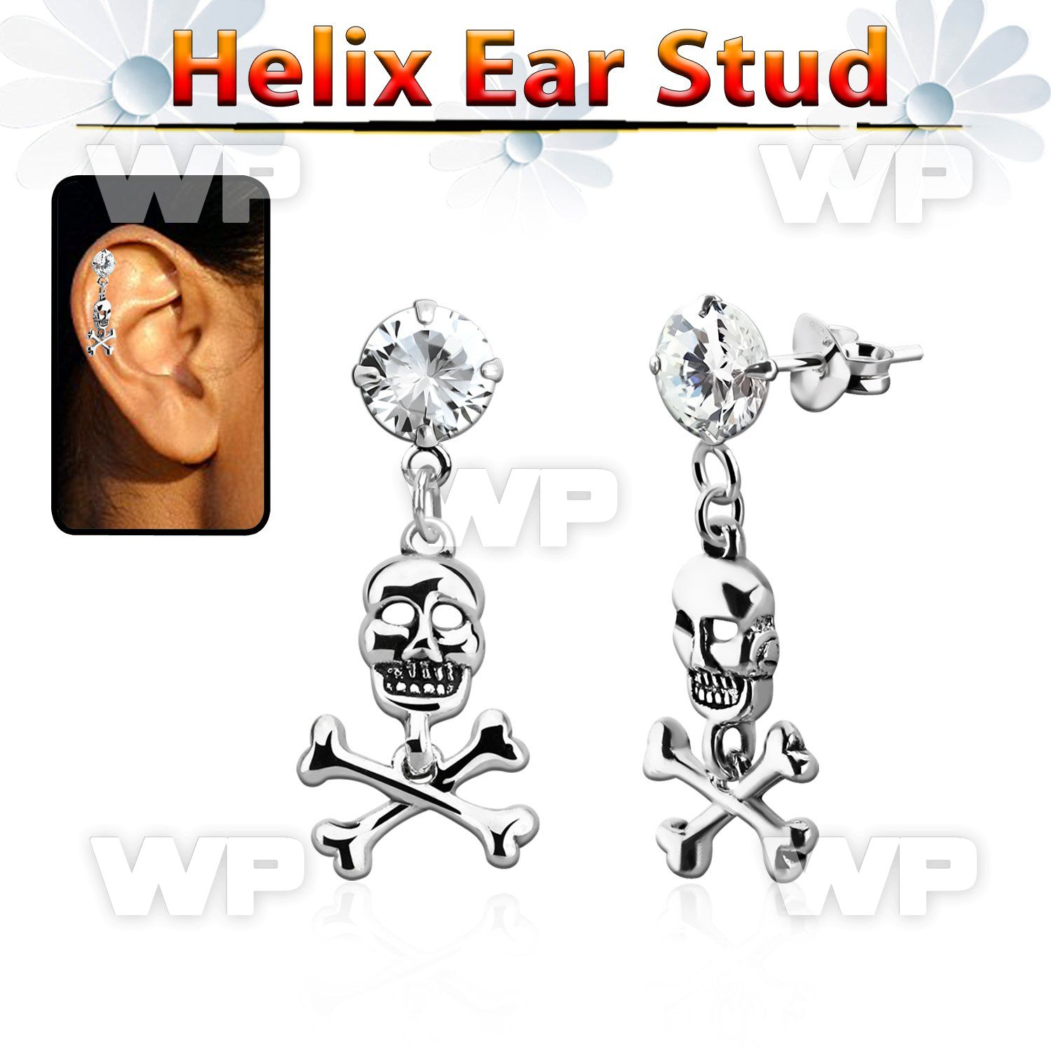 hexzd28 925 silver helix earstud w cz skull with crossed bone