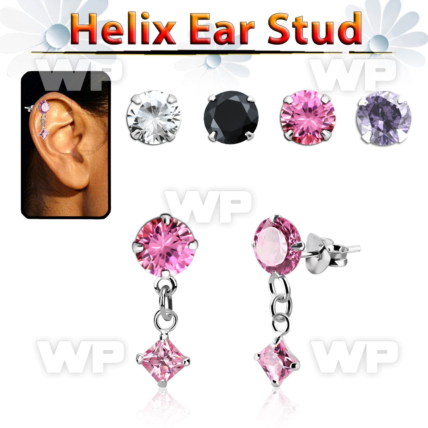 hexzd38 silver helix ear stud w dangling 3mm square prongset cz 