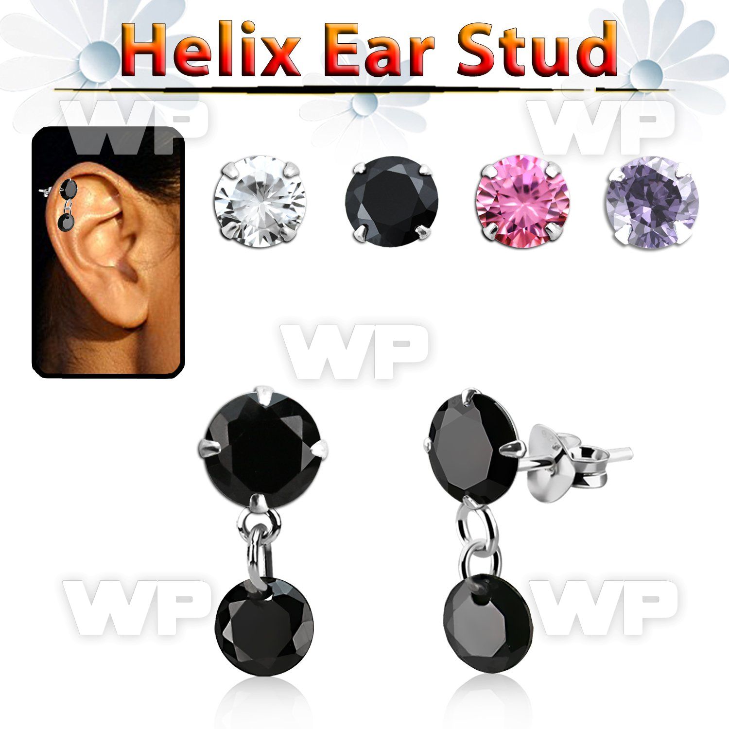 hexzd41 silver helix ear stud w dangling 5mm round prongset cz 