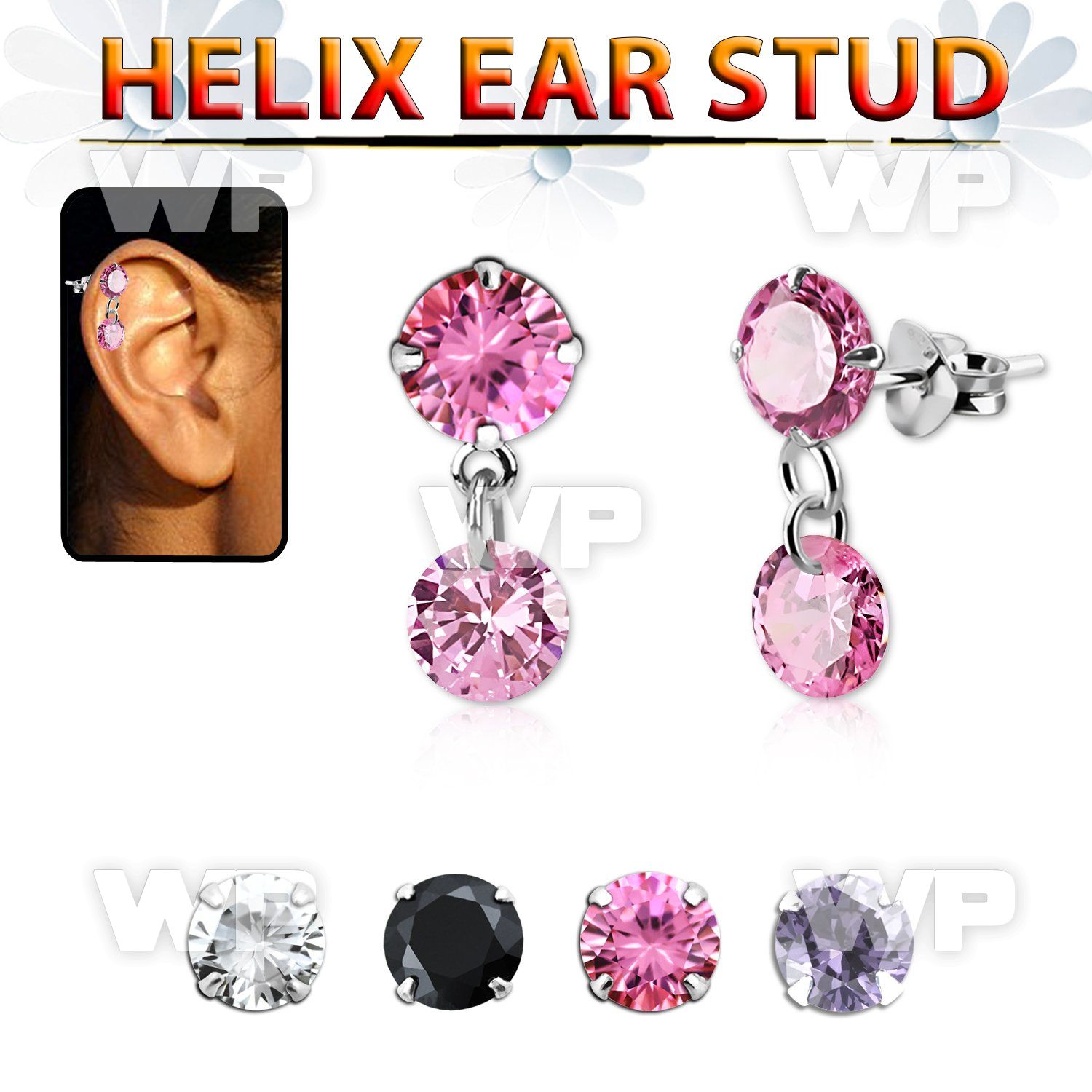 hexzd42 silver helix ear stud w dangling 6mm round prongset cz 