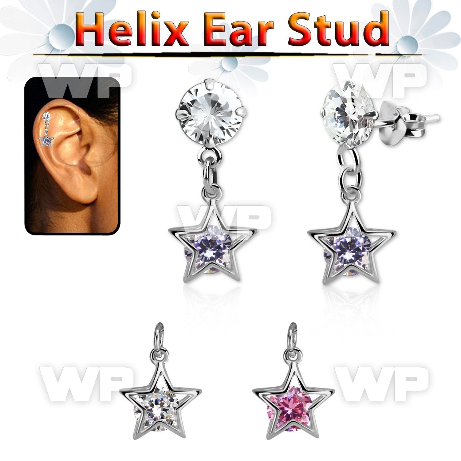 hexzd45 silver helix ear stud w dangling star w a round cz 