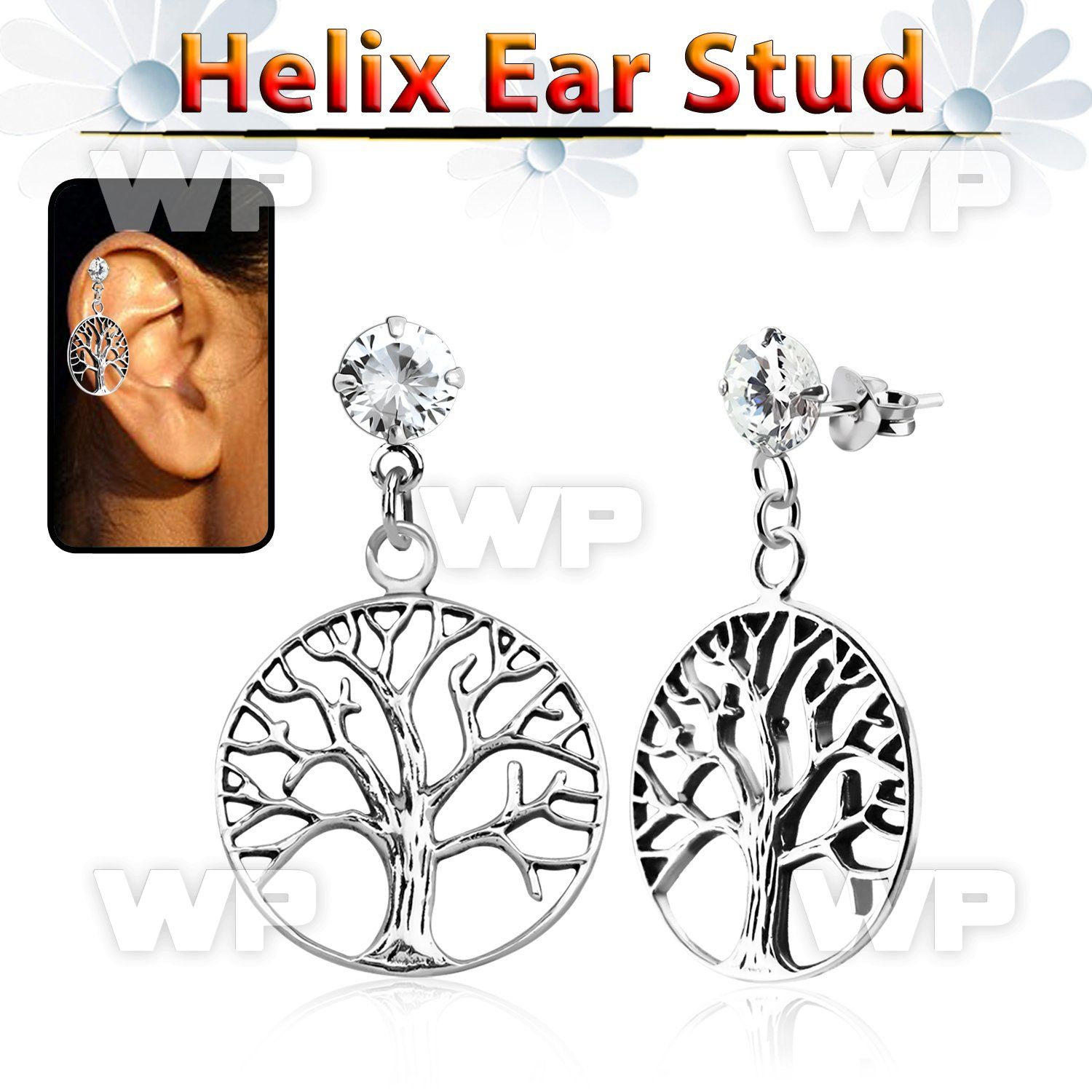hexzd4 925 silver helix earstud w dangling tree of life symbol