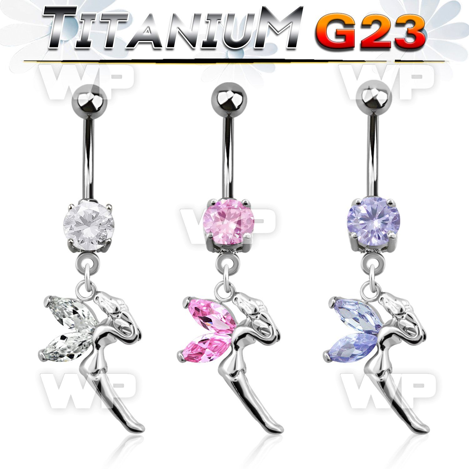 hj61gepz g23 titanium belly ring dangling fairy design cz stones belly piercing