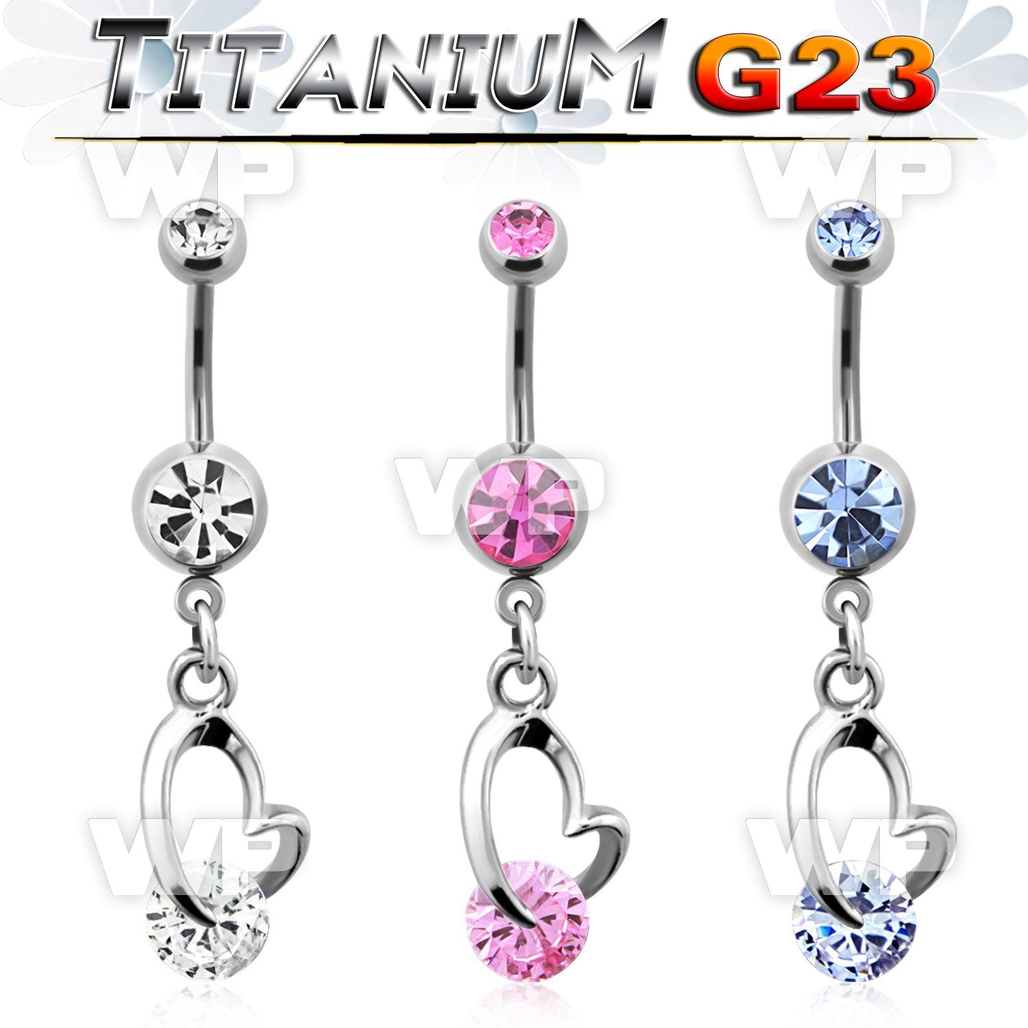 hj61gzll g23 titanium belly ring big dangling heartcz stone leng belly piercing