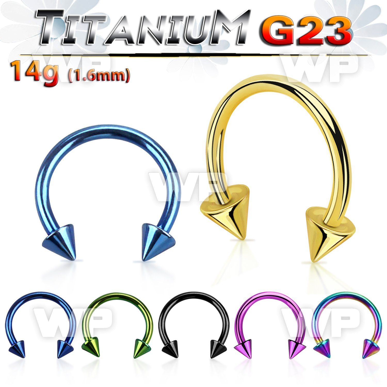 hr646u ion plated g23 titanium cbr horseshoe 1 6mm 4mm cones belly piercing