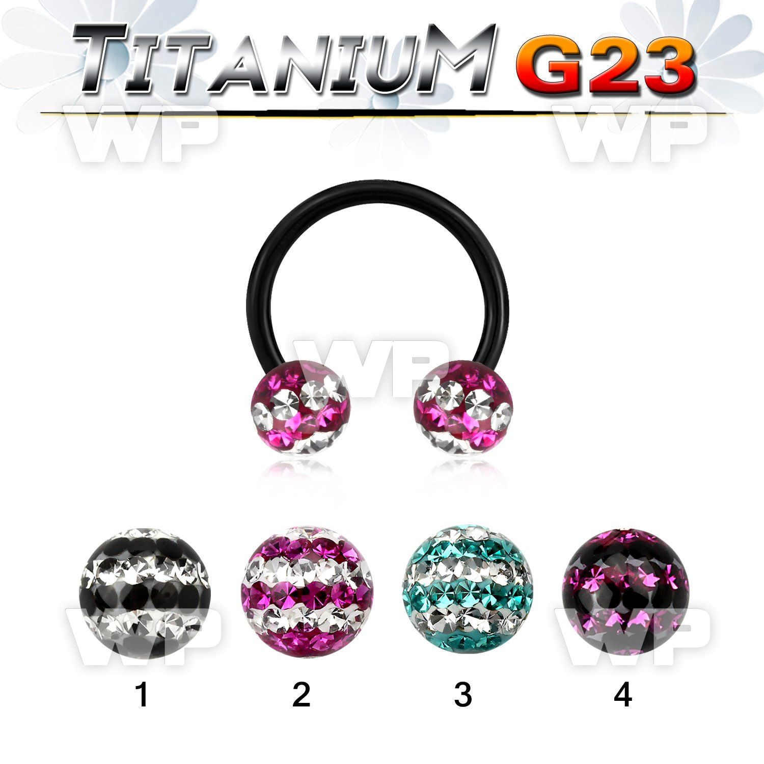hr64day1 ion plated g23 titanium cbr horseshoe 1 6mm 6mm multi belly piercing