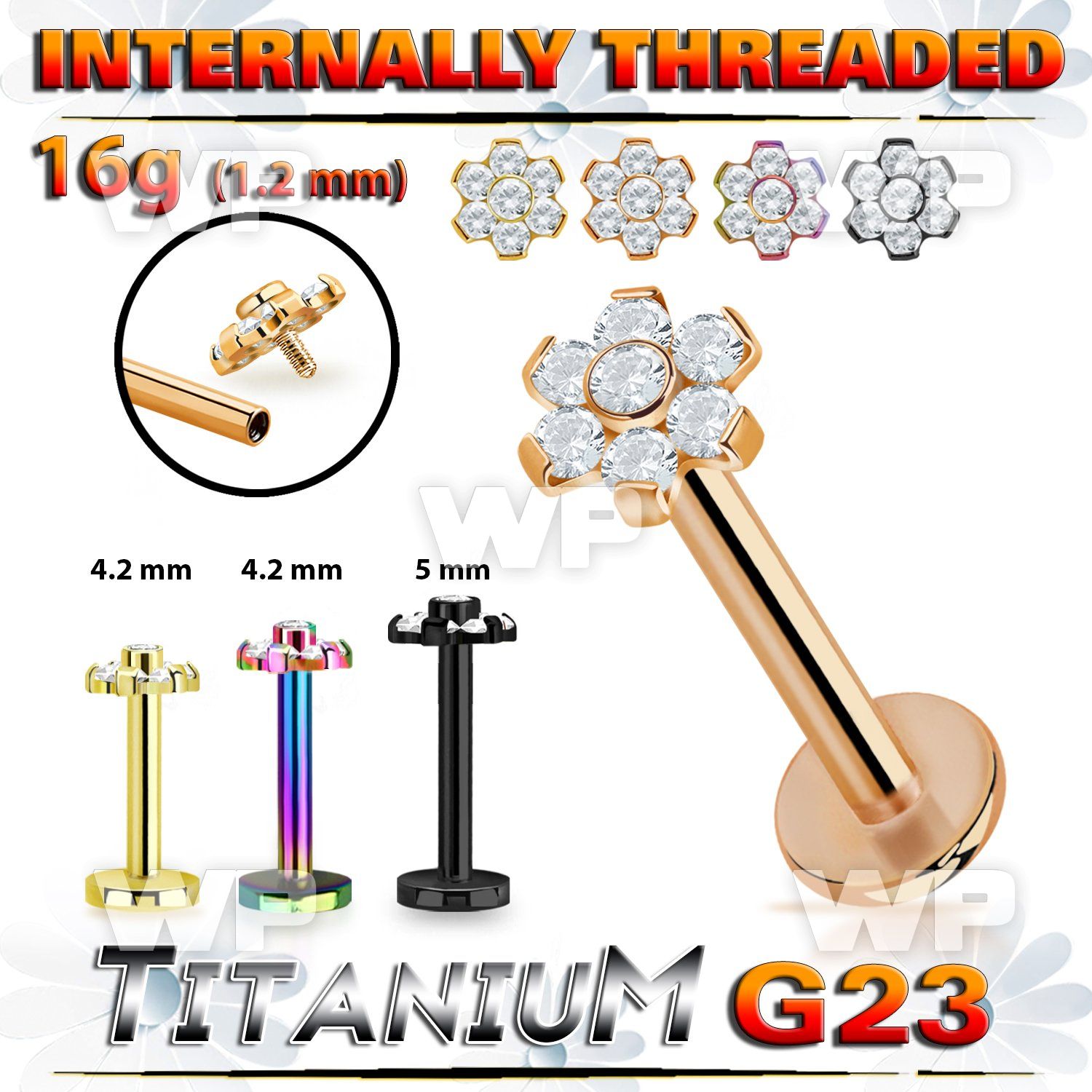 hrb48uep pvd finish titanium labret 16g flower cz internal