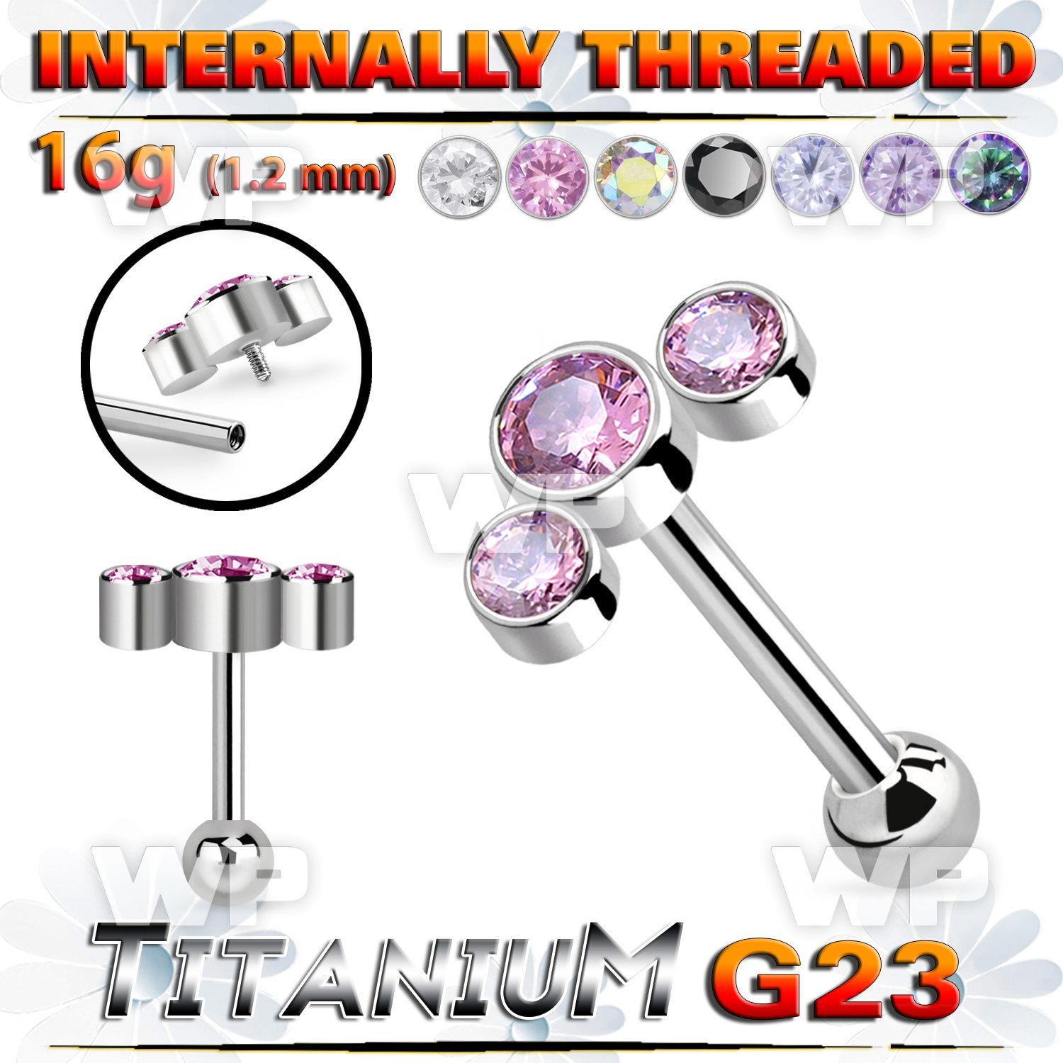 hxw8u9 titanium internal threaded barbell 3 color cz