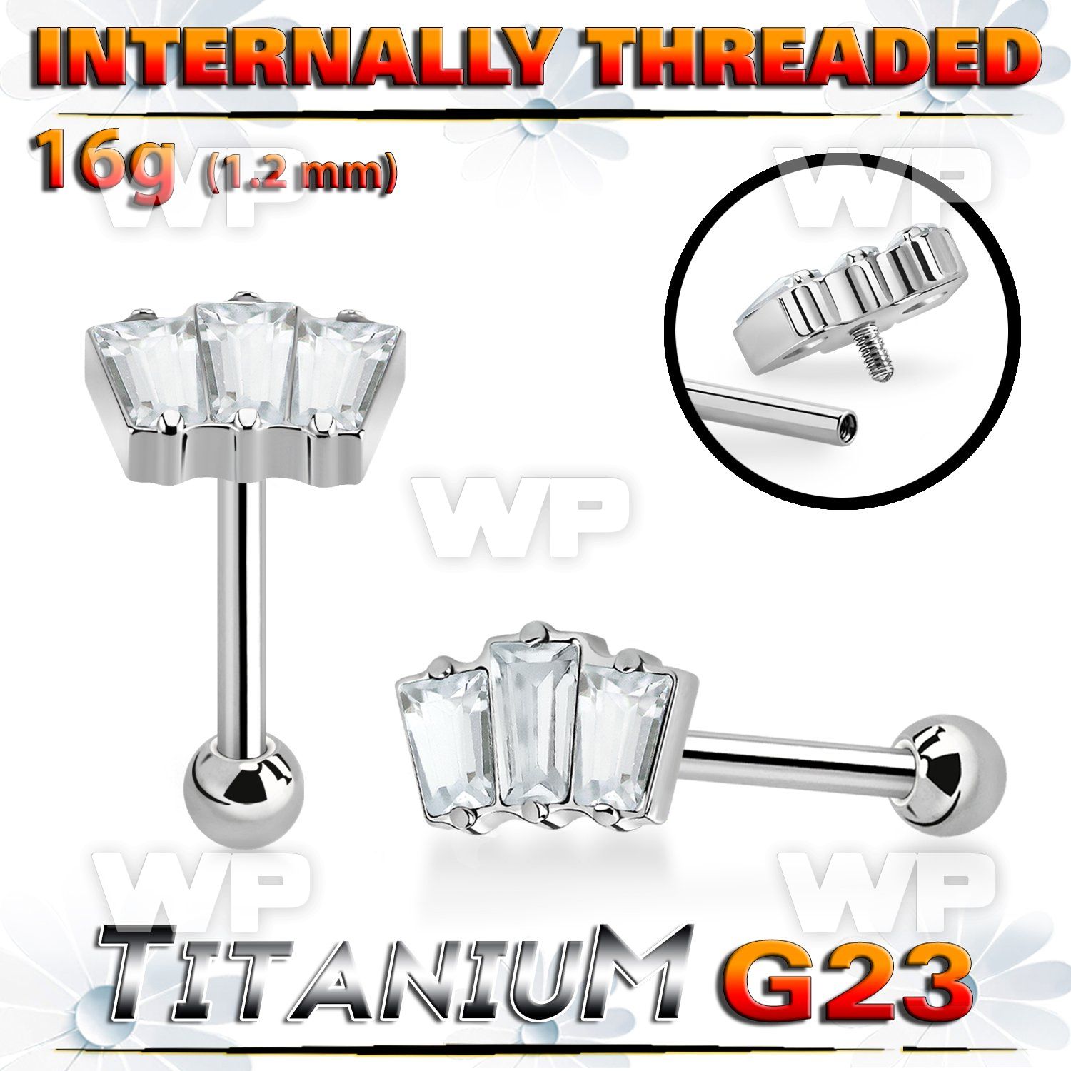 hxw8uky titanium straightbar three baguette cz ball internal
