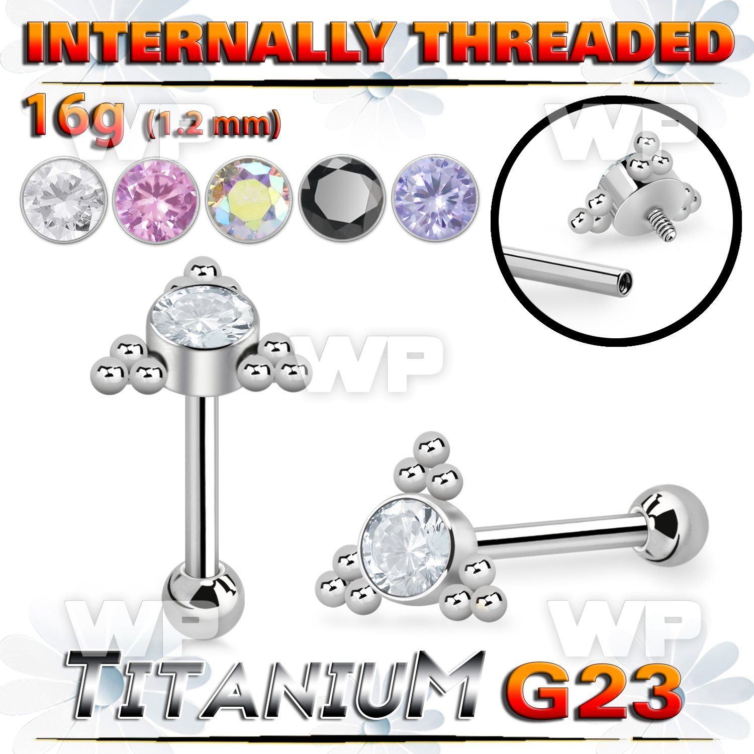 hxw8ul titanium internal threaded barbell round cz