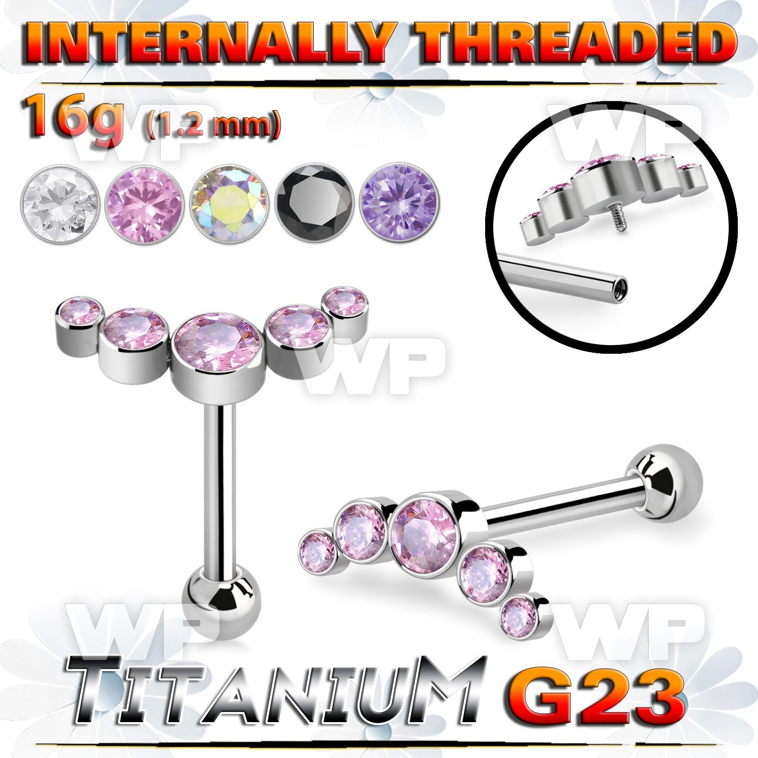 hxw8ut titanium internal threaded barbell 5 color cz