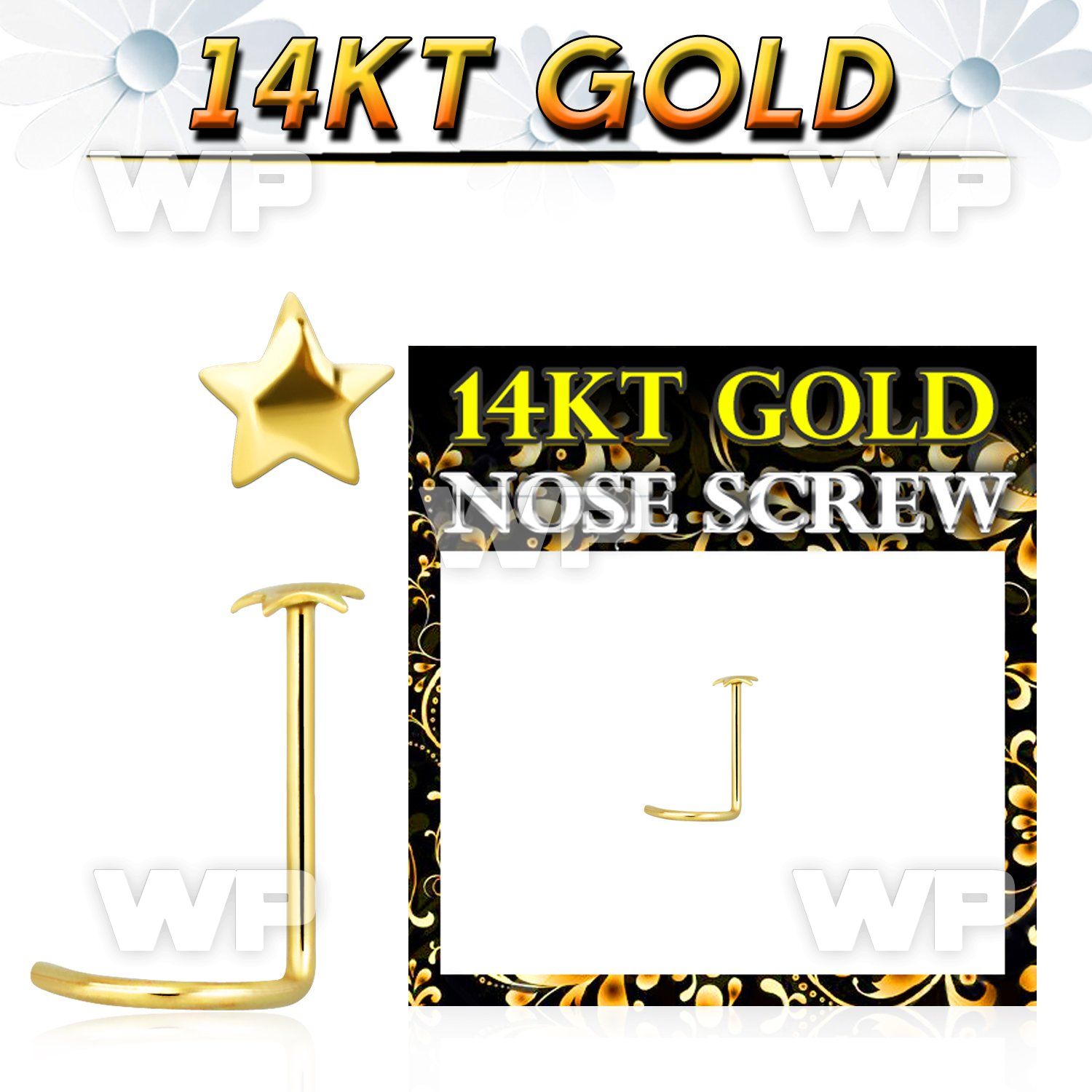 i33r 14kt gold nose screw spiral 0 6mm 2mm star shaped top nose piercing