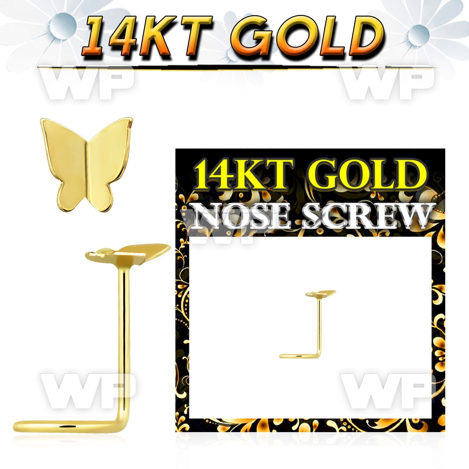 i34rk 14kt gold nose screw3 5mm plain gold butterfly shaped top nose piercing