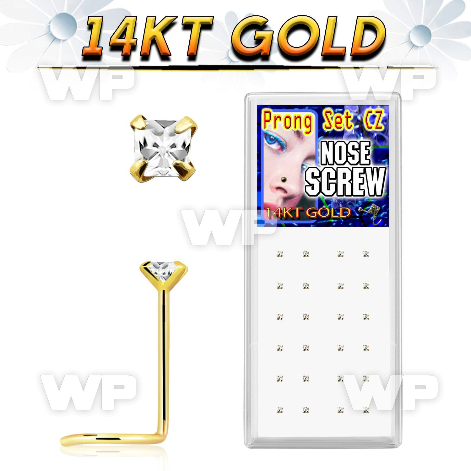 i36gv6 box of 14kt gold nose screw spiral 0 6mm clear 2mm squar nose piercing