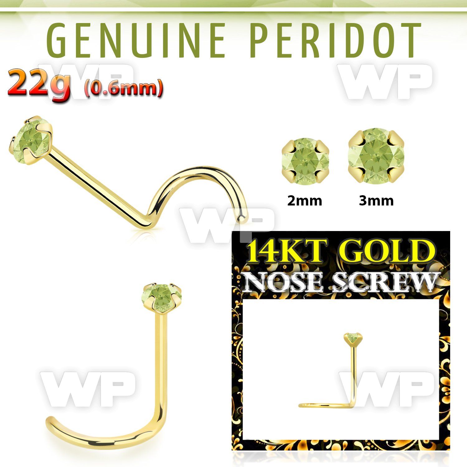 i36iw0 14kt gold nose screw2mm prong set real peridot stone nose piercing