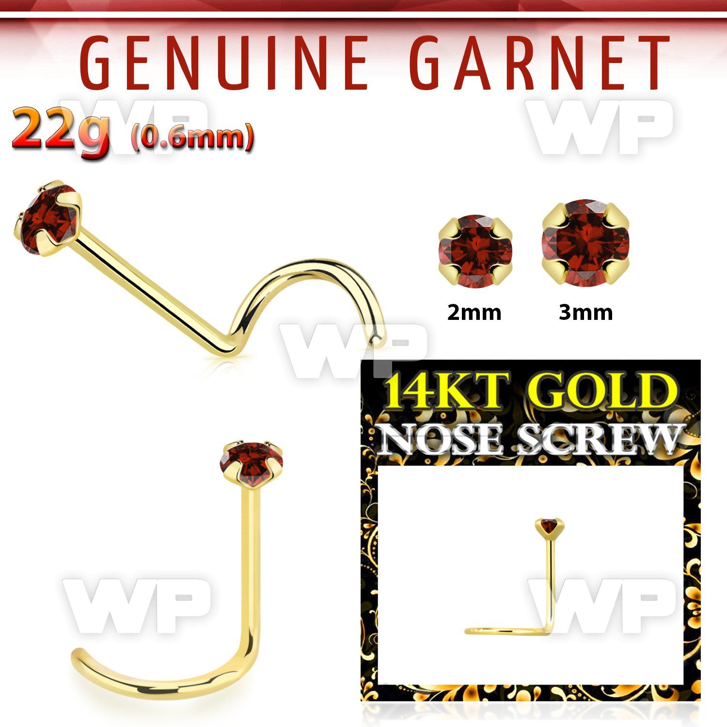i36iwk 14kt gold nose screw2mm prong set real garnet stone nose piercing