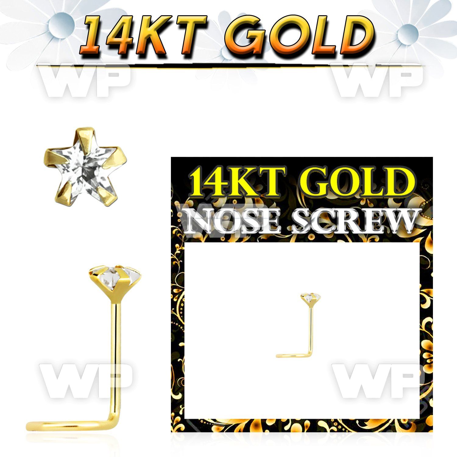 i3g3je 14kt gold nose screw spiral 0 6mm 3mm star shaped prong nose piercing