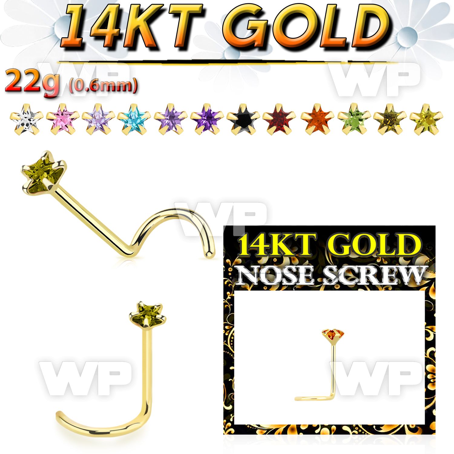 i3g3je 14kt gold nose screw spiral 0 6mm 3mm star shaped prong nose piercing