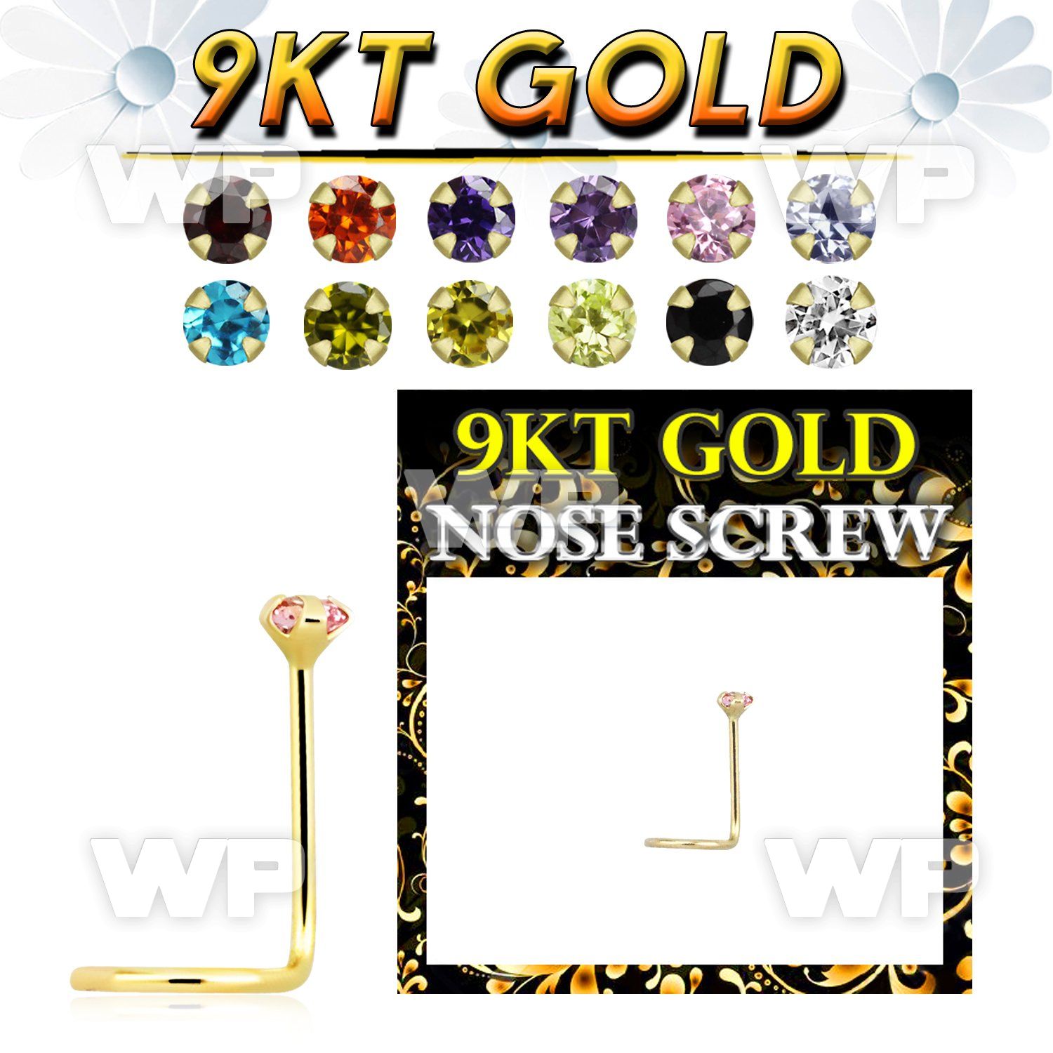 i3gj9 9kt gold nose screw spiral 0 6mm round 2mm prong set cz nose piercing