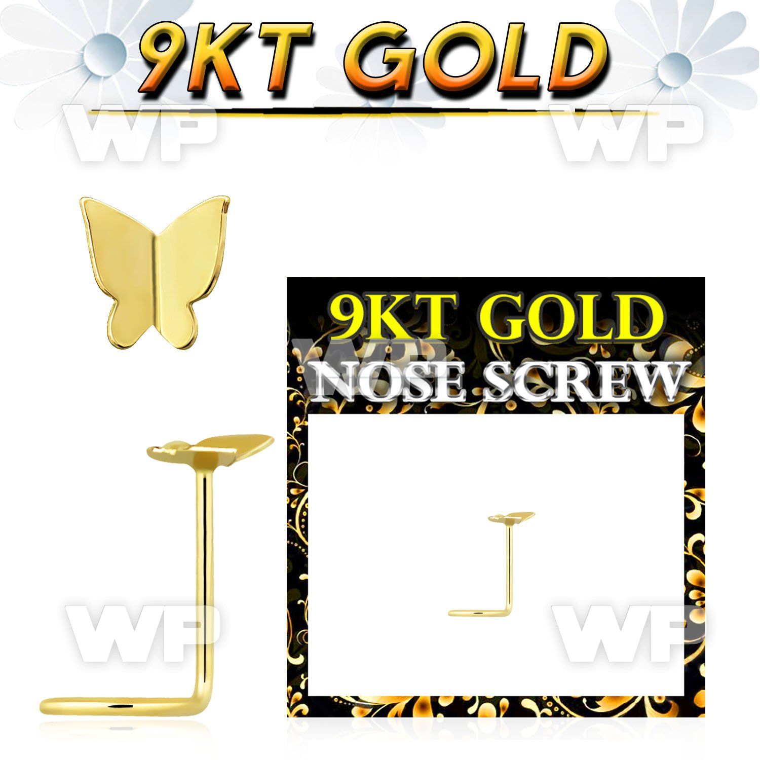 i934rk 9kt gold nose screw3 5mm plain gold butterfly shaped top nose piercing