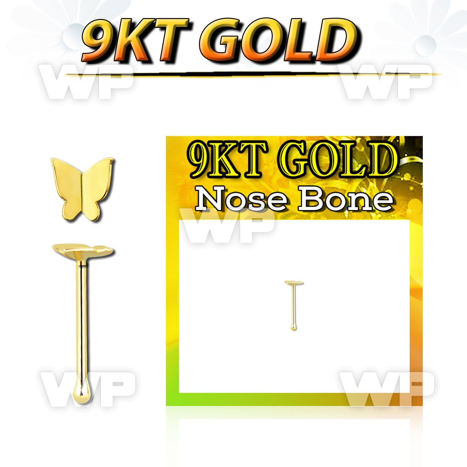 i944rk 9kt gold nose bone 2 5mm plain gold butterfly shaped top 