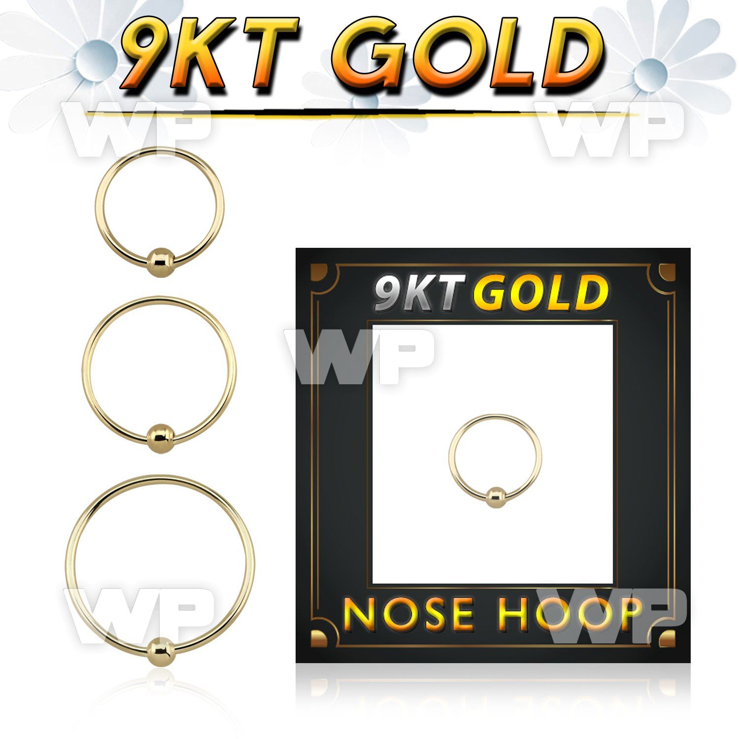 i9x54 9kt gold fixed bead nose ring with 2mm ball