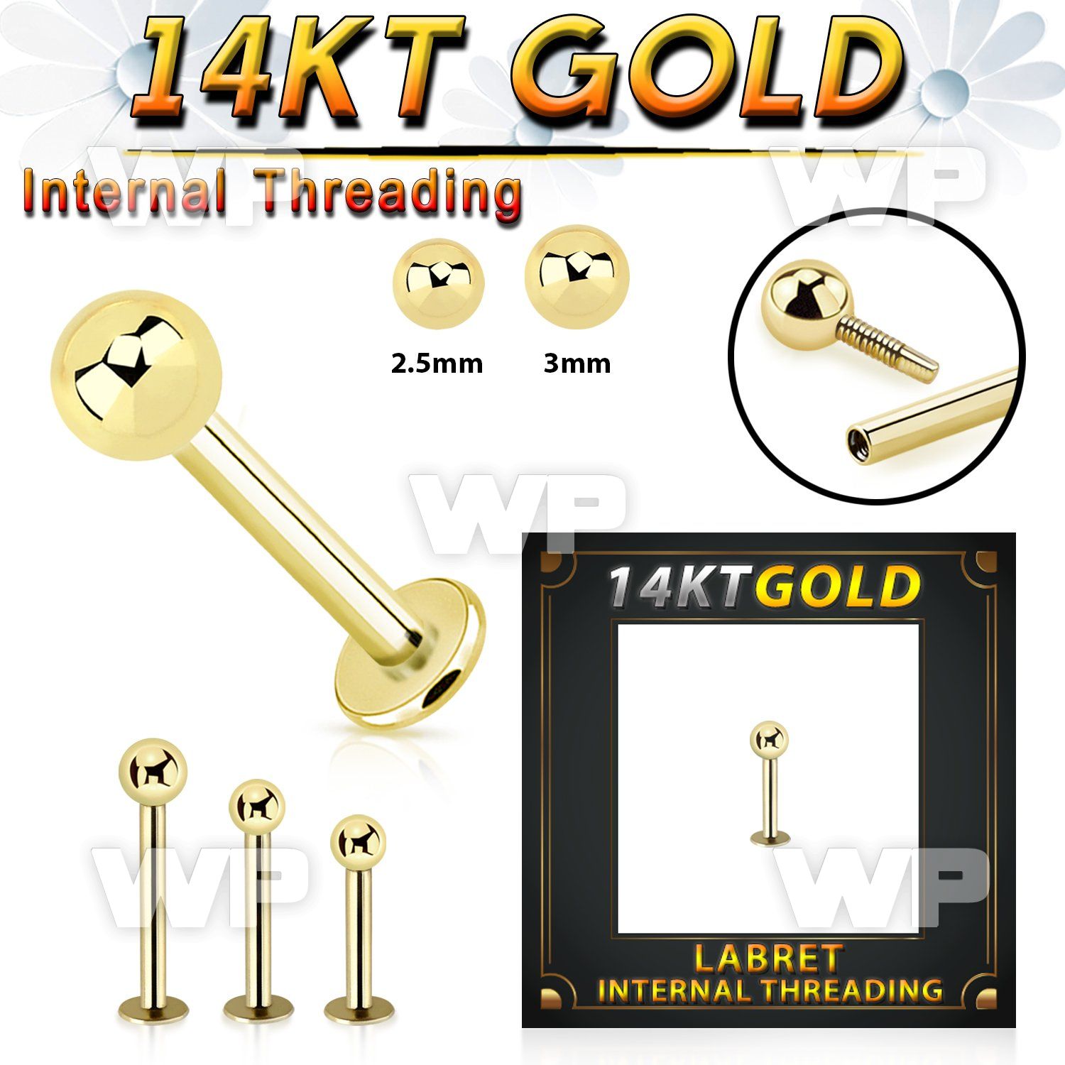 ib448 14kt gold labret stud 16g plain ball top internal