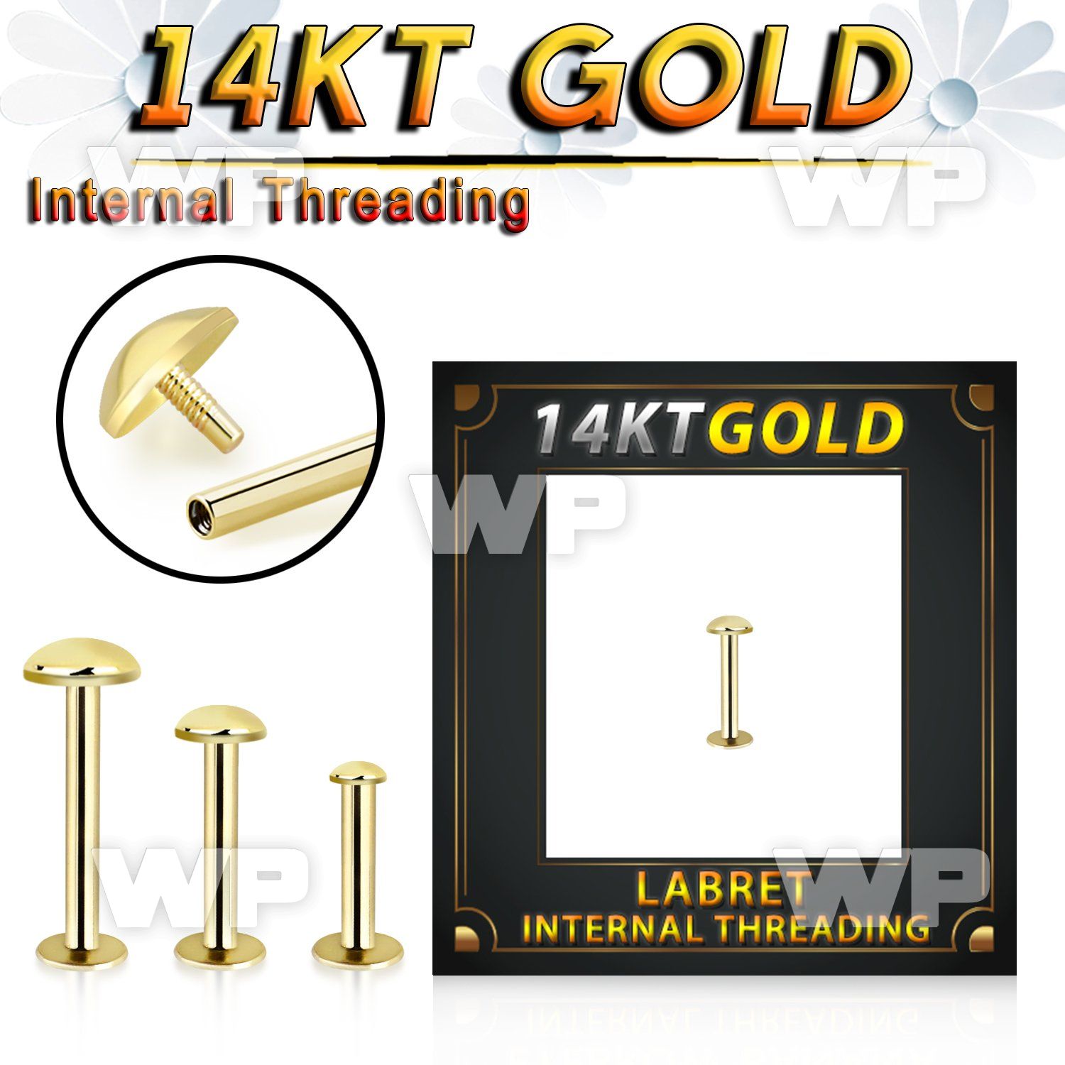 ib4a18 14kt gold labret stud 16g round top internal