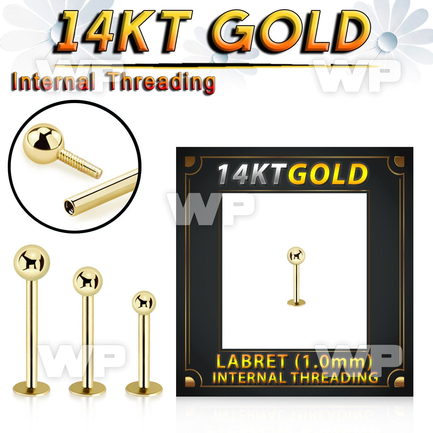 ib4f48 14kt gold labret stud 18g ball internal