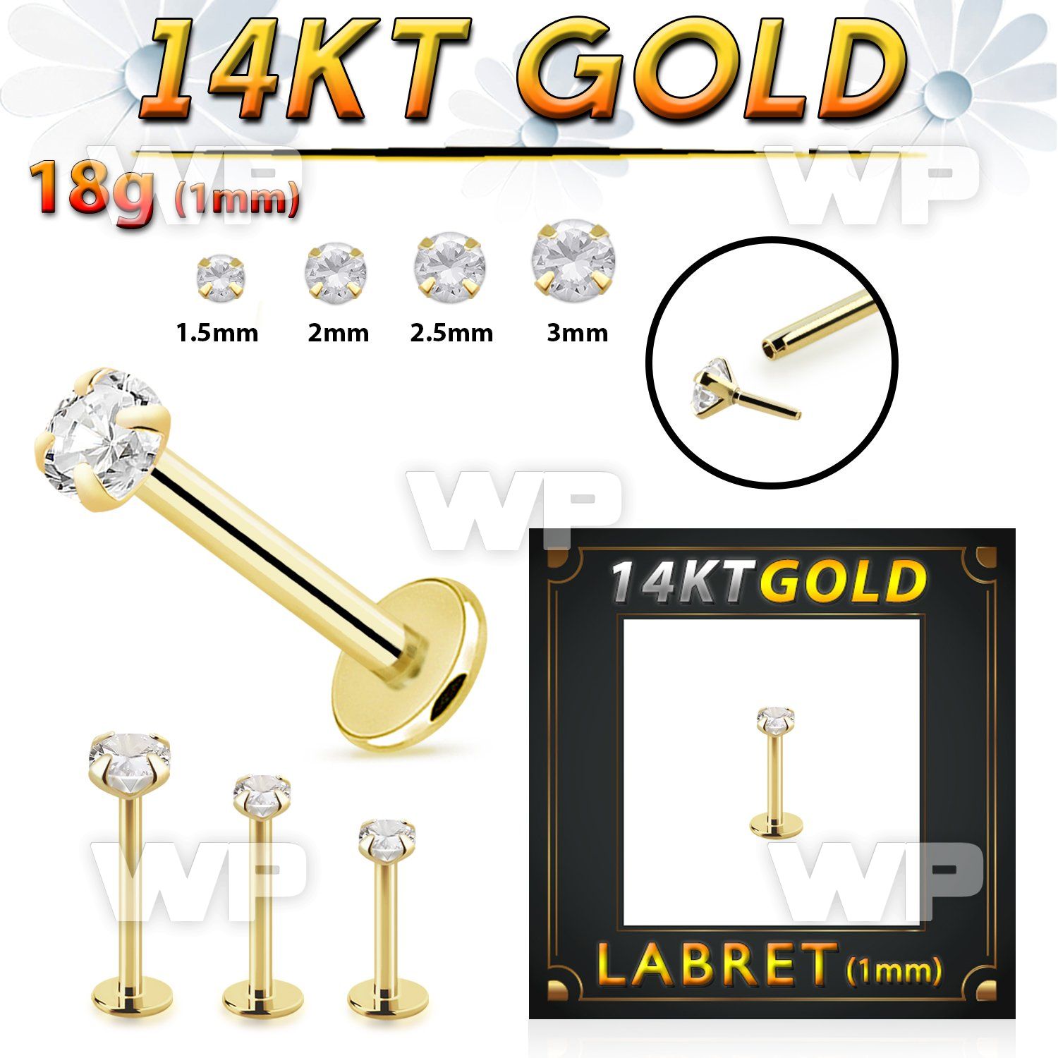 ib4gf 14kt gold labret round clear cz push pin prong