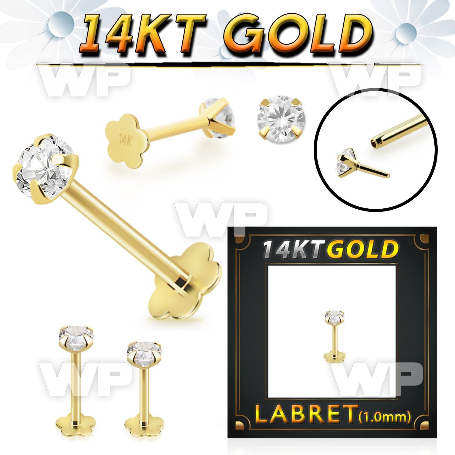 ibdgf 14kt gold labret round clear cz push pin prong flower
