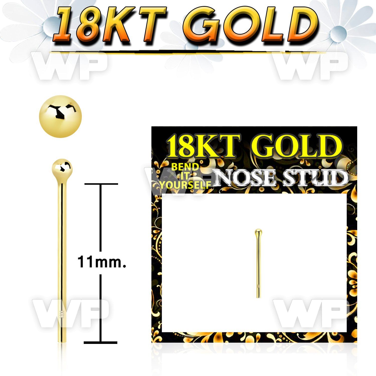 iin34e 18kt gold fishtail straight nose stud 22g ball top