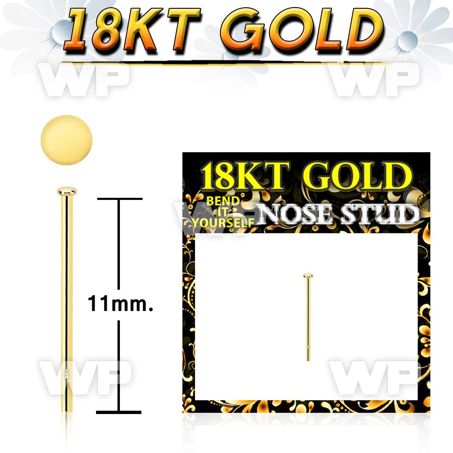 iin3a1e 18kt gold fishtail straight nose stud 22g gold top