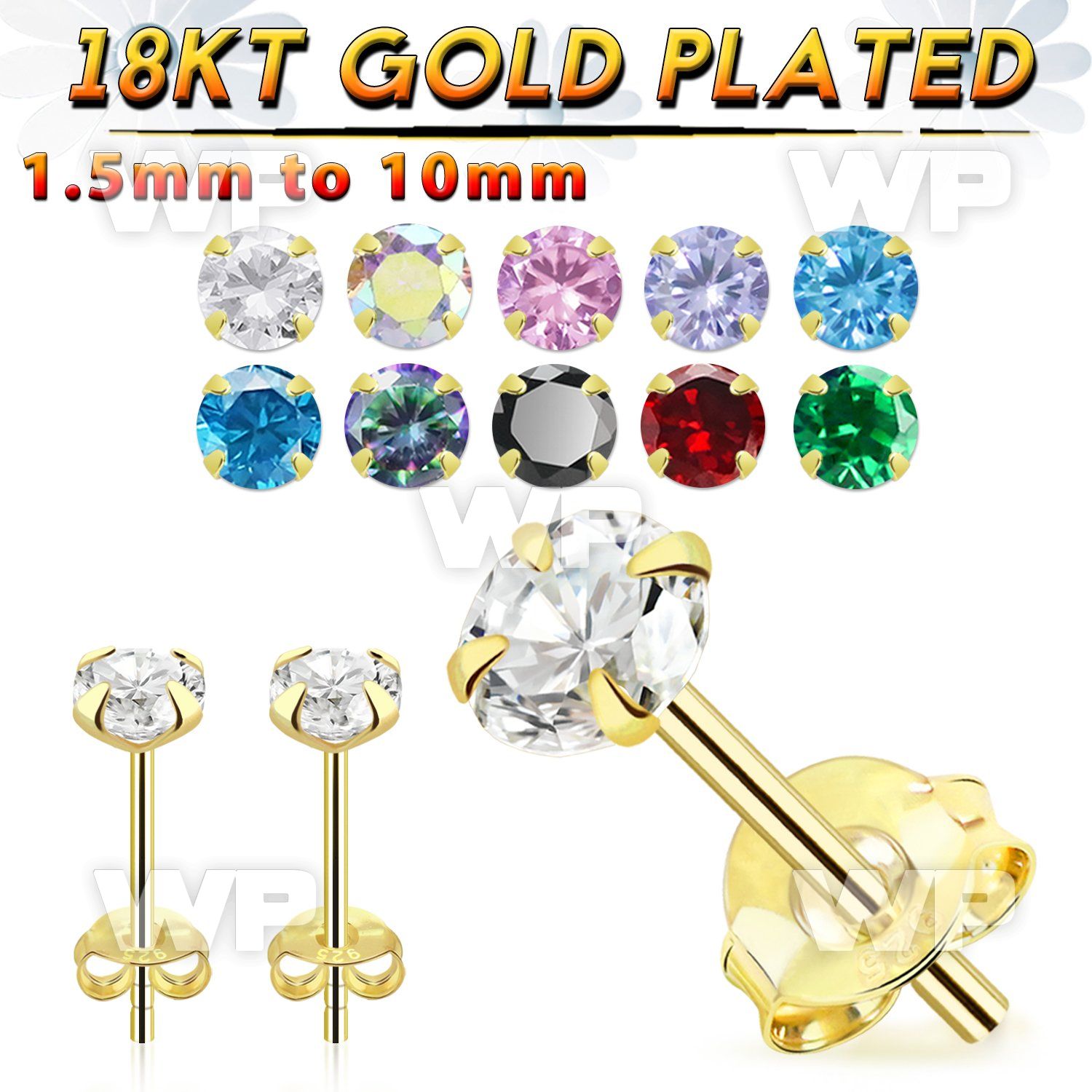 imagj one pair real 18kt gold finish silver ear studs cz