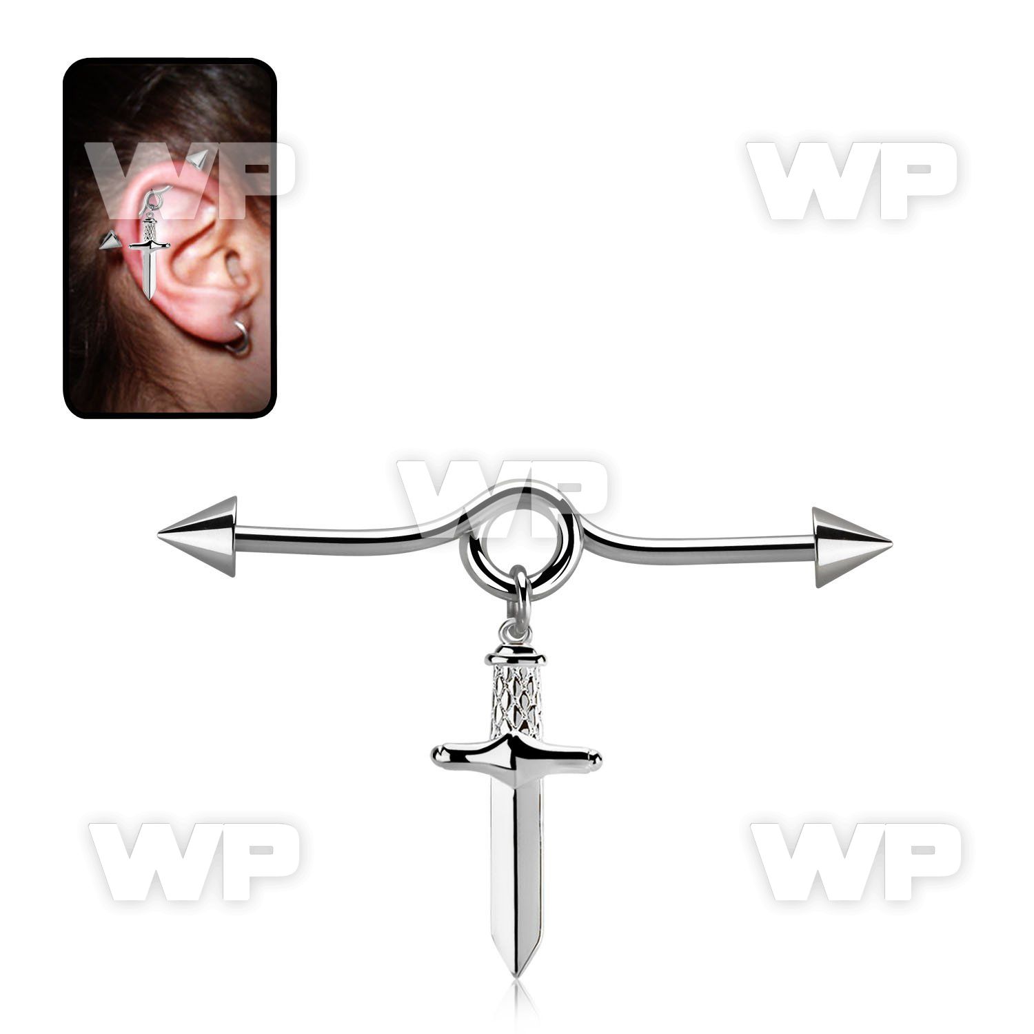 incnd11 316l steel industrial loop barbell w cones & dagger