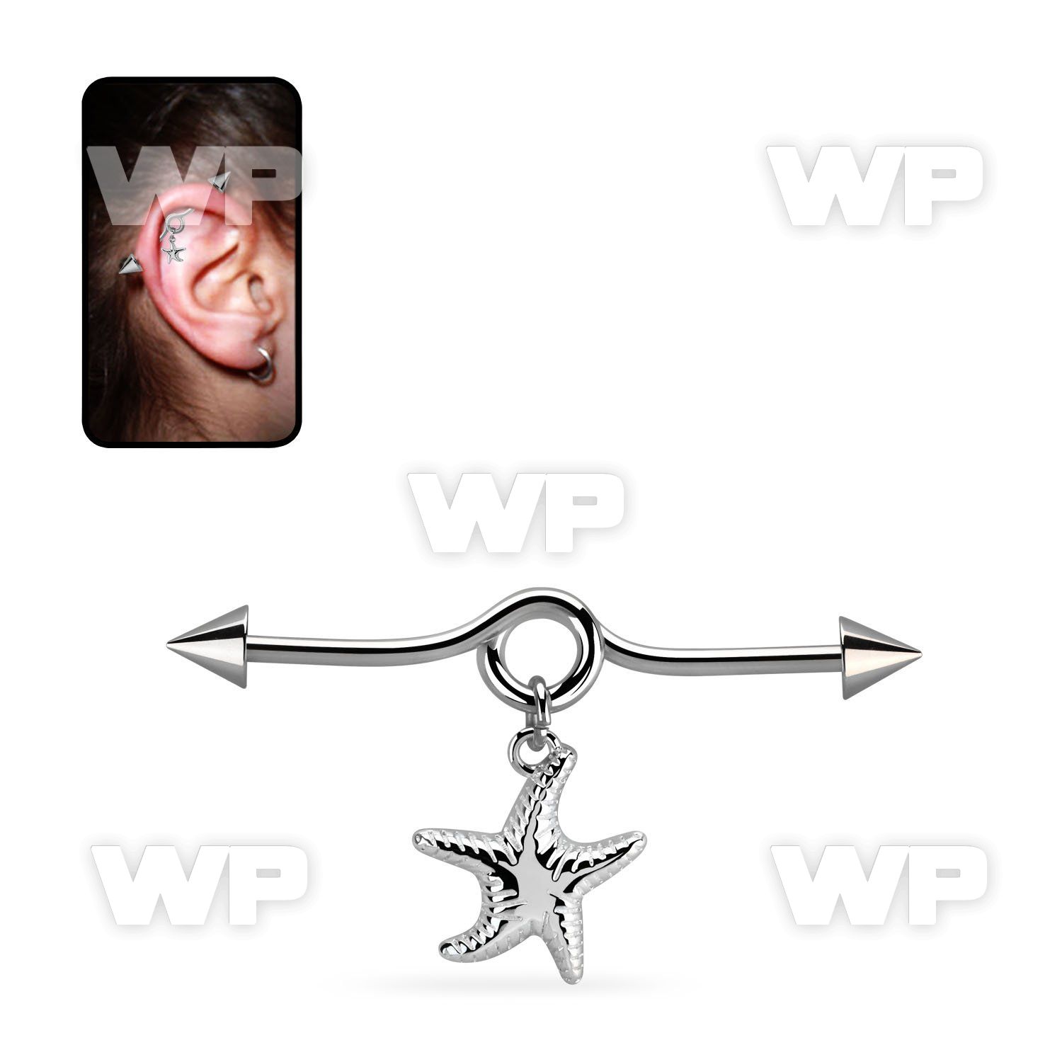 incnd16 steel industrial loop barbell w cone dangling starfish