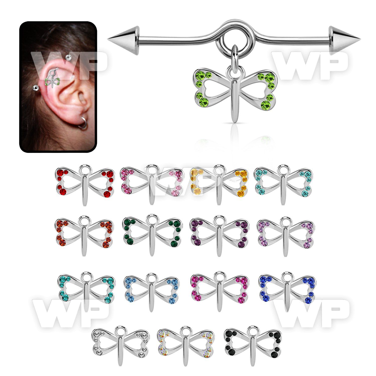 incnd18 316l steel industrial loop barbell w cones & butterfly