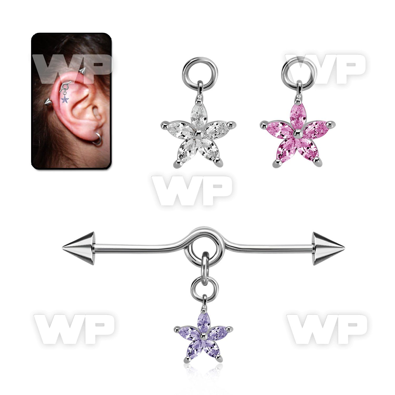 incndz2 steel industrial loop barbell w cone flower cz petals 