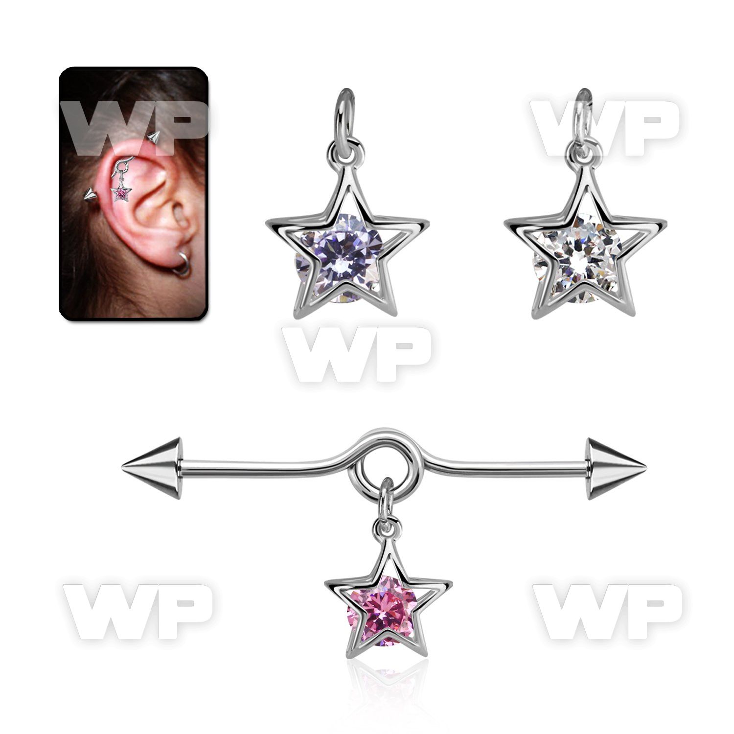 incndz3 steel industrial loop barbell w cone star w round cz 