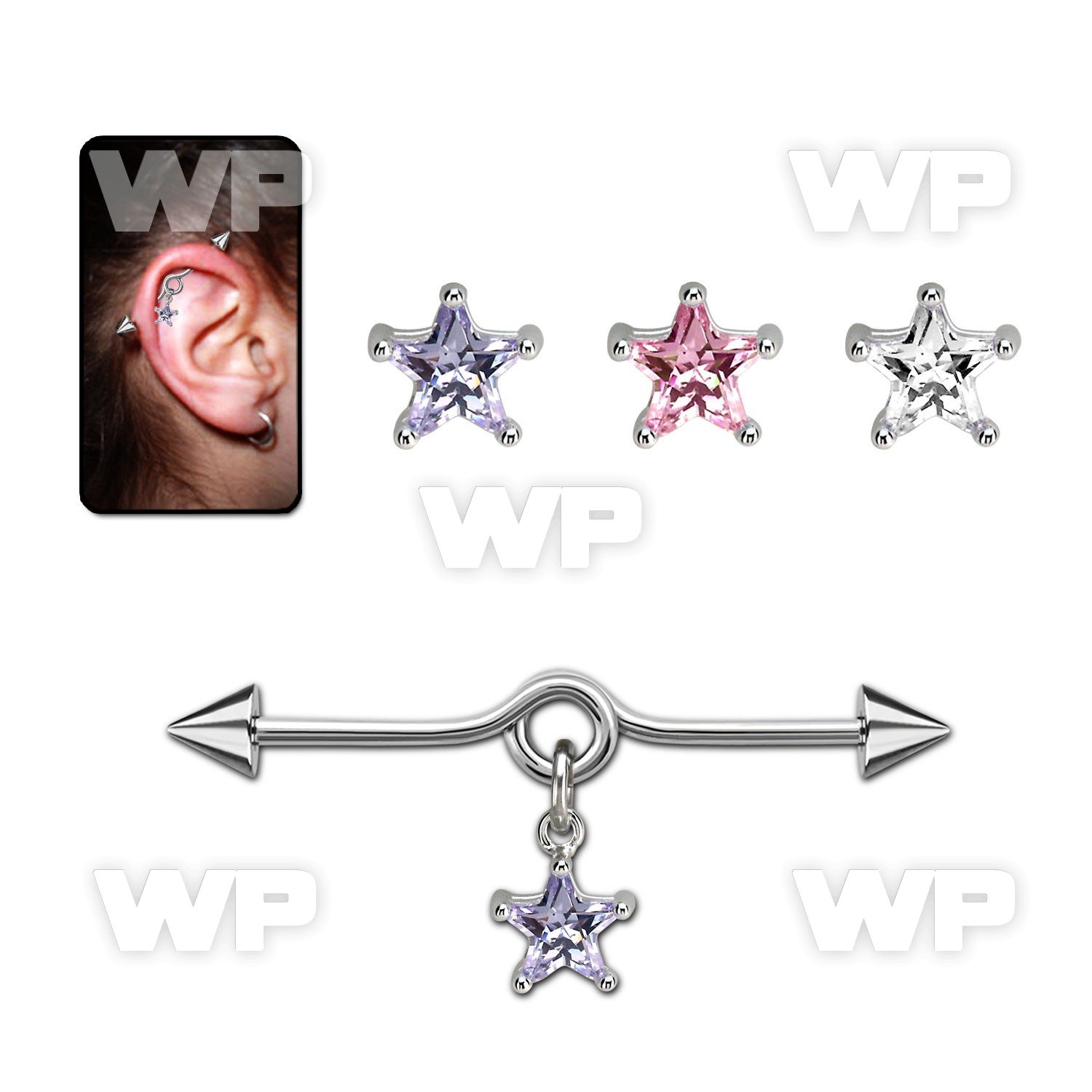 incndzs6 steel industrial loop barbell w a dangling 6mm star cz