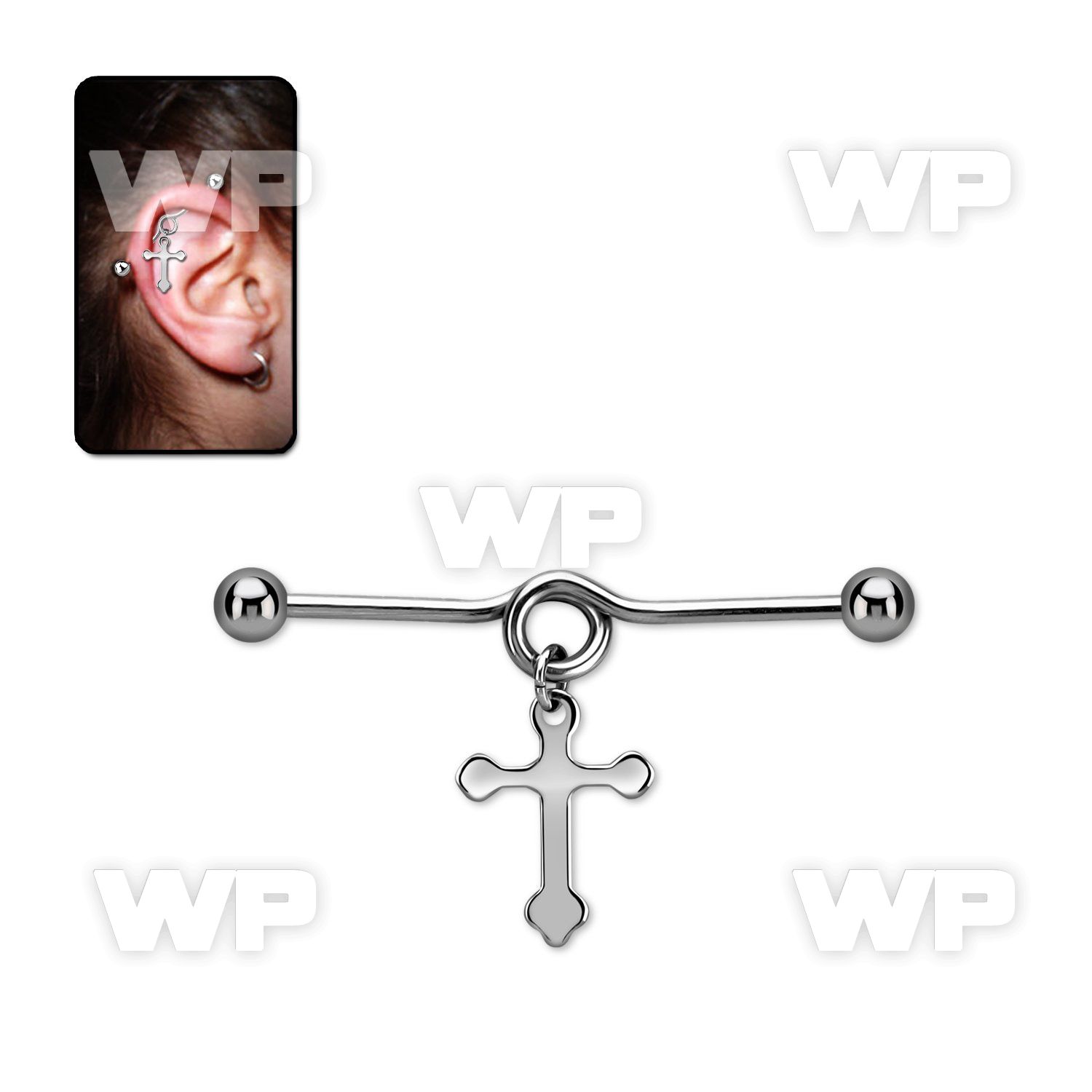 indd10 steel industrial loop barbell w dangling plain cross