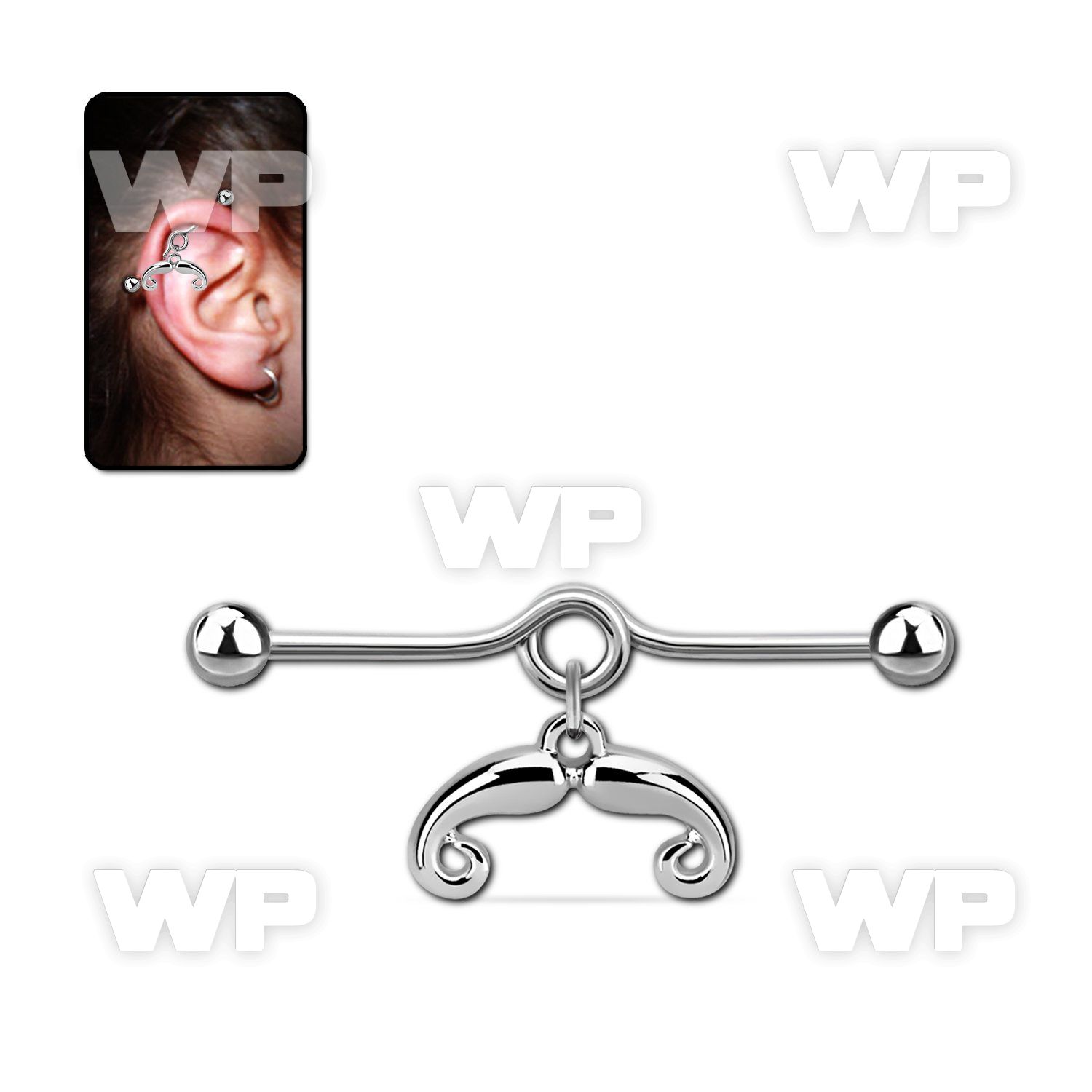 indd11 steel industrial loop barbell w dangling french mustache