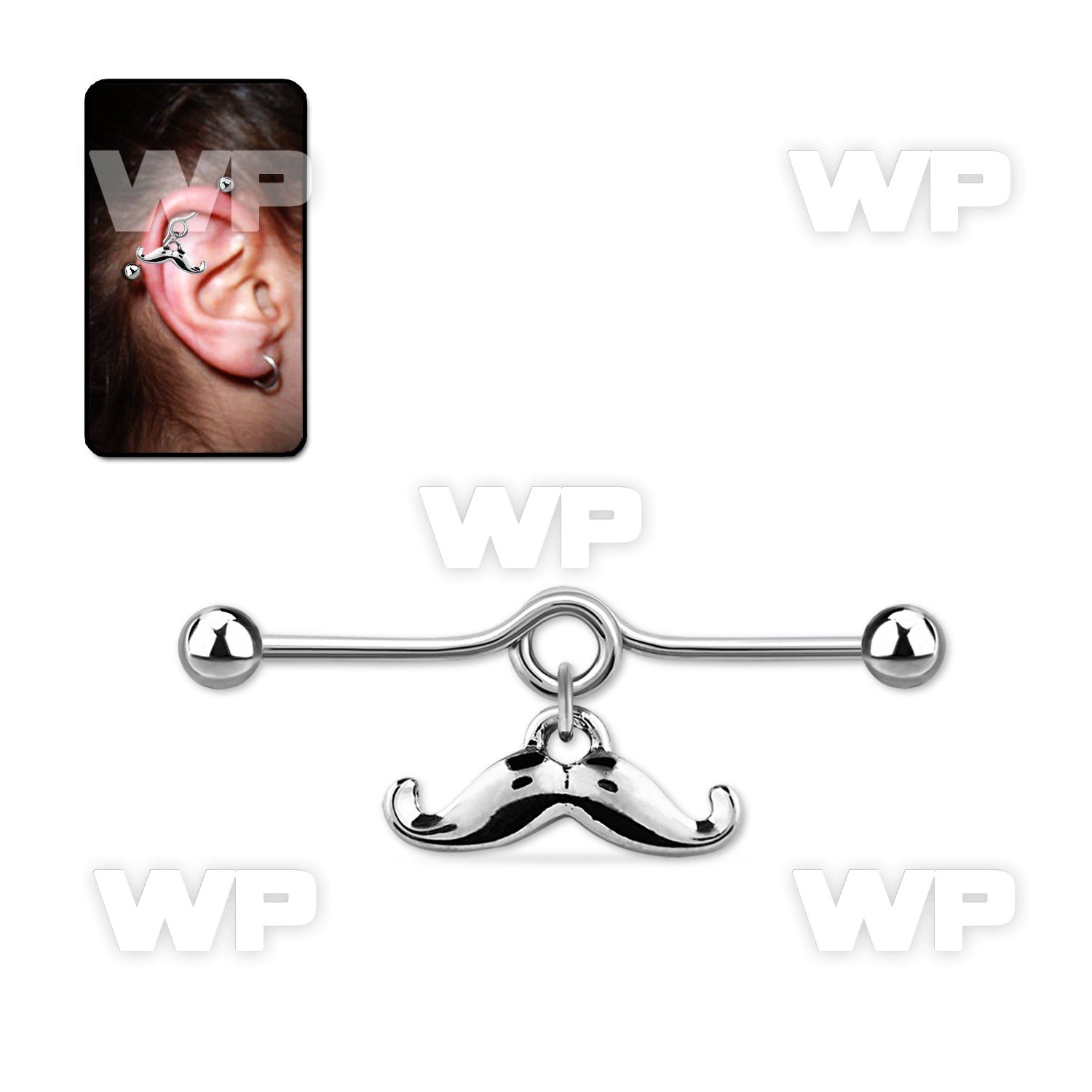 indd12 steel industrial loop barbell w dangling happy mustache